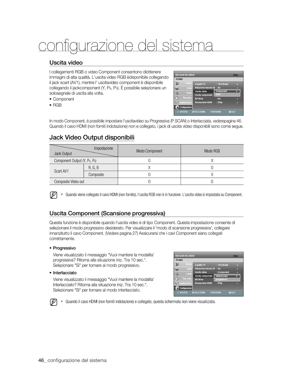 Samsung DVD-SH895A/XET, DVD-SH895A/XEF, DVD-SH897/XET manual Uscita video, Uscita Component Scansione progressiva, Rgb 