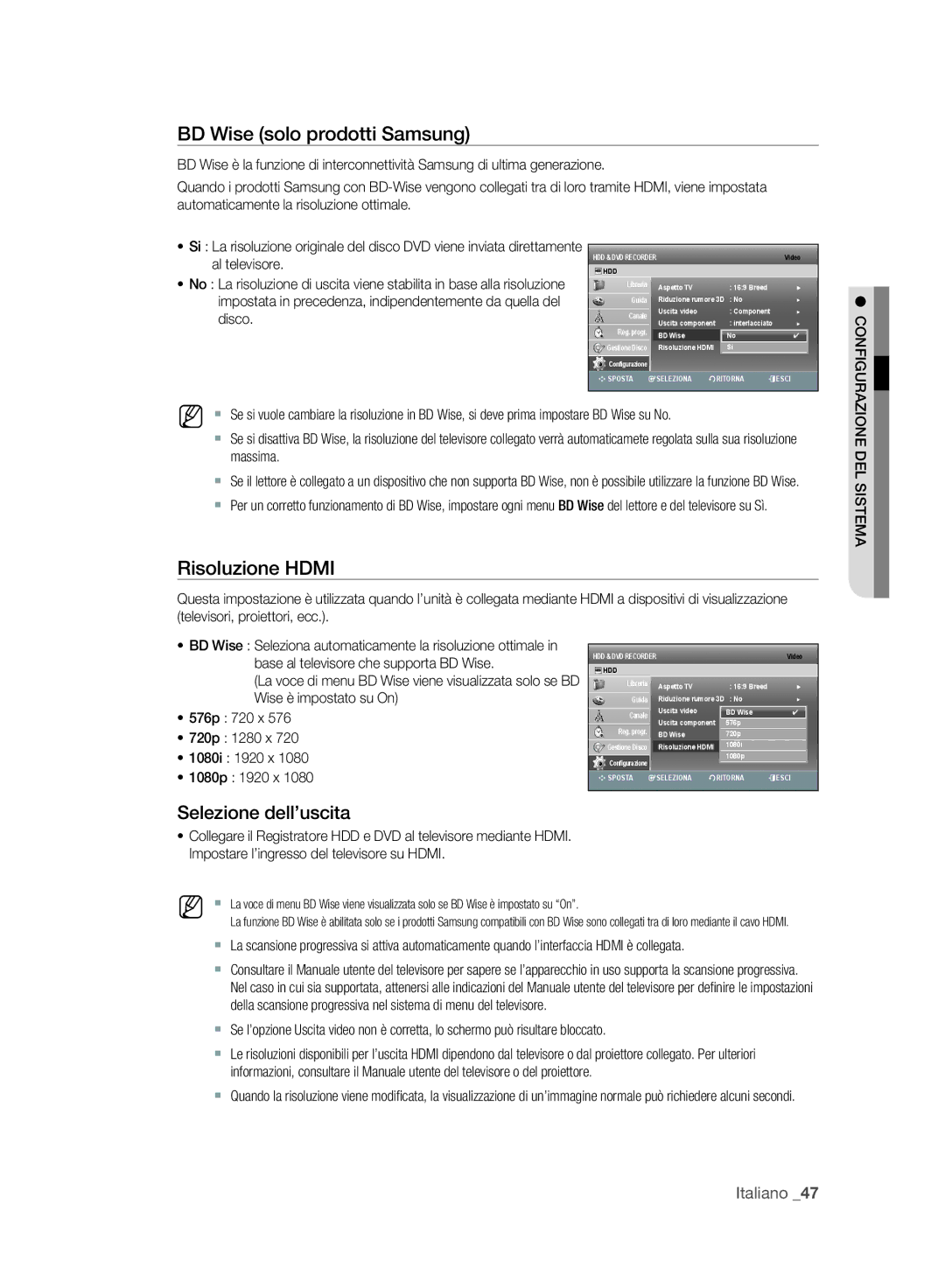 Samsung DVD-SH897A/XET manual BD Wise solo prodotti Samsung, Risoluzione Hdmi, Selezione dell’uscita, Al televisore, Disco 