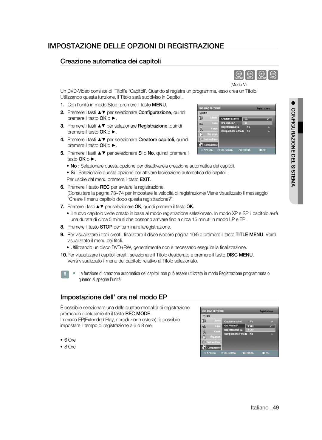 Samsung DVD-SH897/XET, DVD-SH895A/XEF Impostazione Delle Opzioni DI Registrazione, Creazione automatica dei capitoli, Ore 