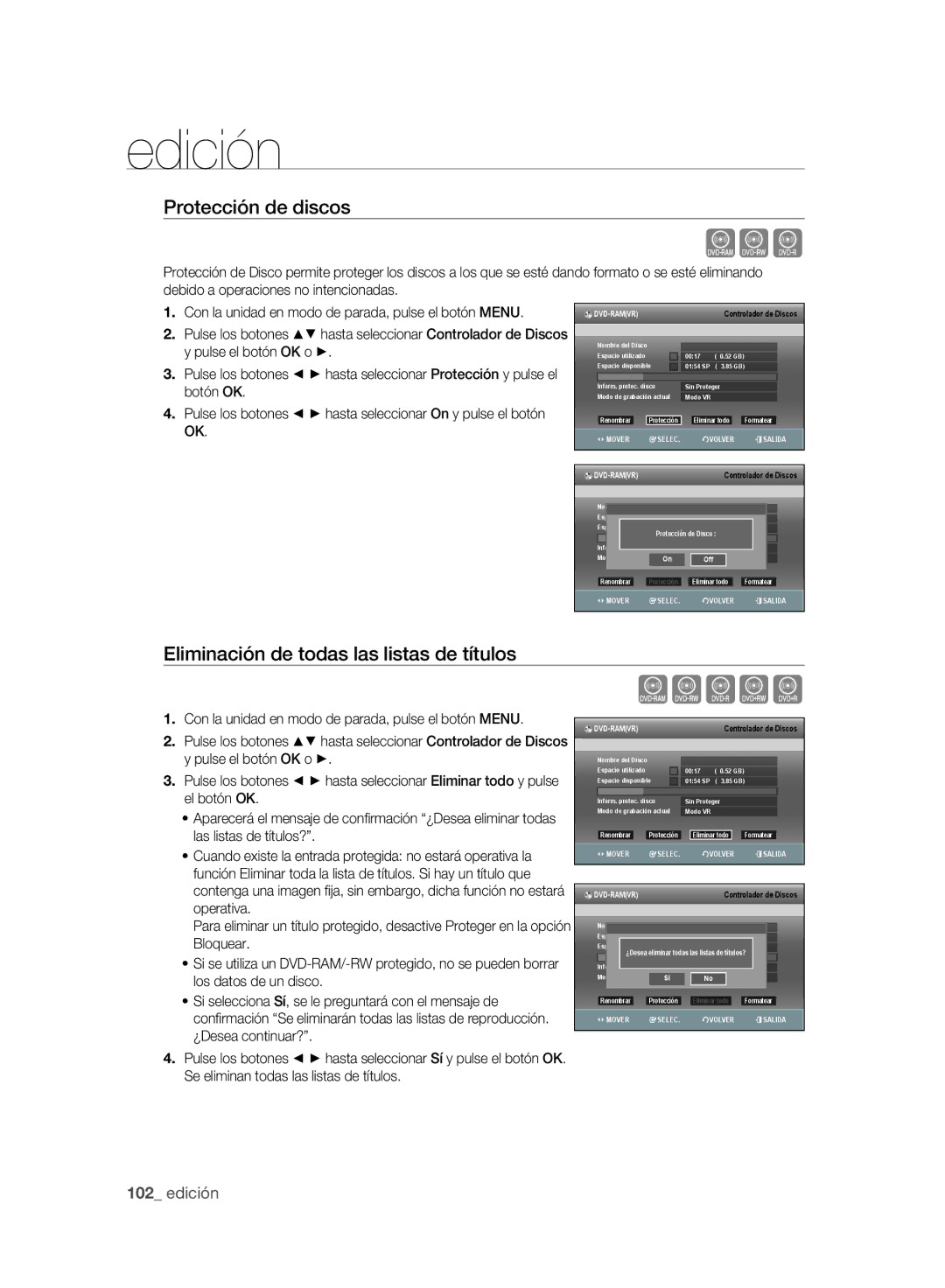 Samsung DVD-SH895/XEC, DVD-SH893/XEC manual Xcv, Protección de discos, Eliminación de todas las listas de títulos 