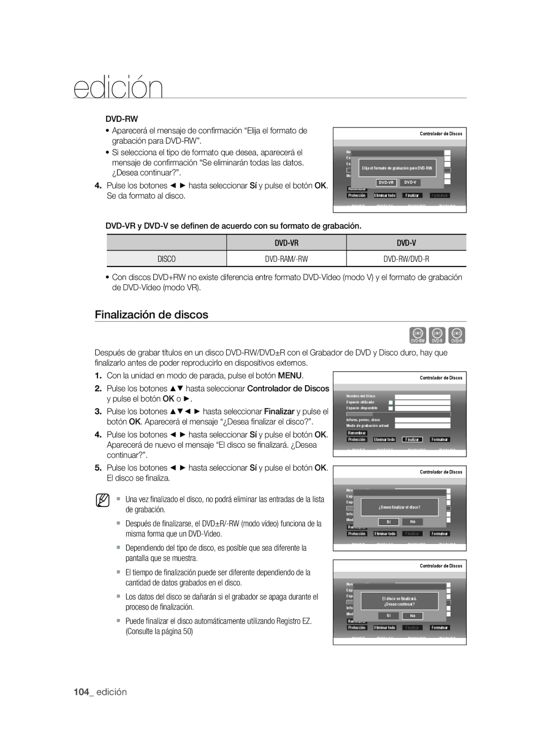 Samsung DVD-SH895/XEC, DVD-SH893/XEC manual Cvl, Finalización de discos, Dvd-Rw, DVD-VR Disco 