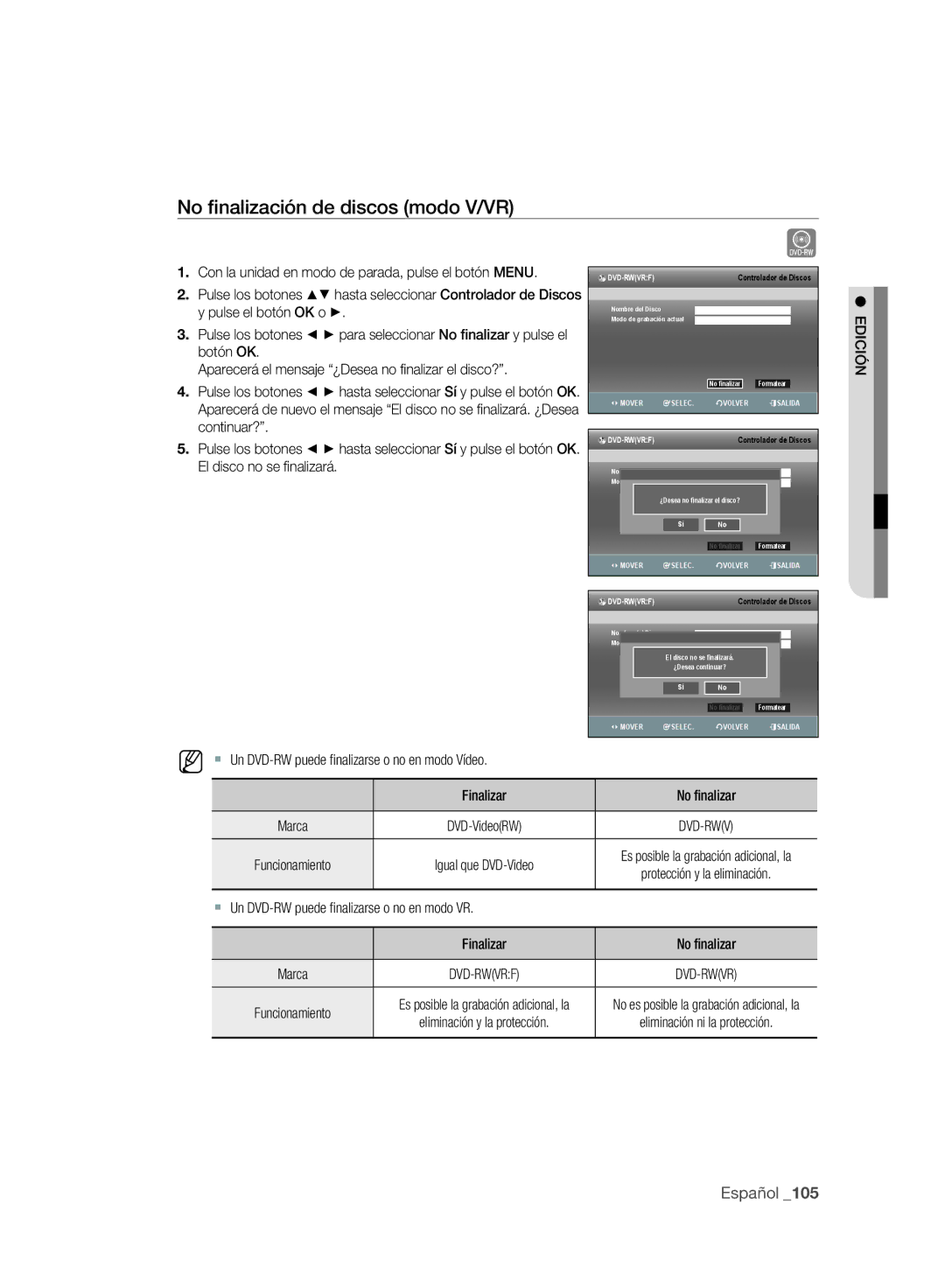 Samsung DVD-SH893/XEC, DVD-SH895/XEC manual No ﬁnalización de discos modo V/VR, Dvd-Rwvrf 