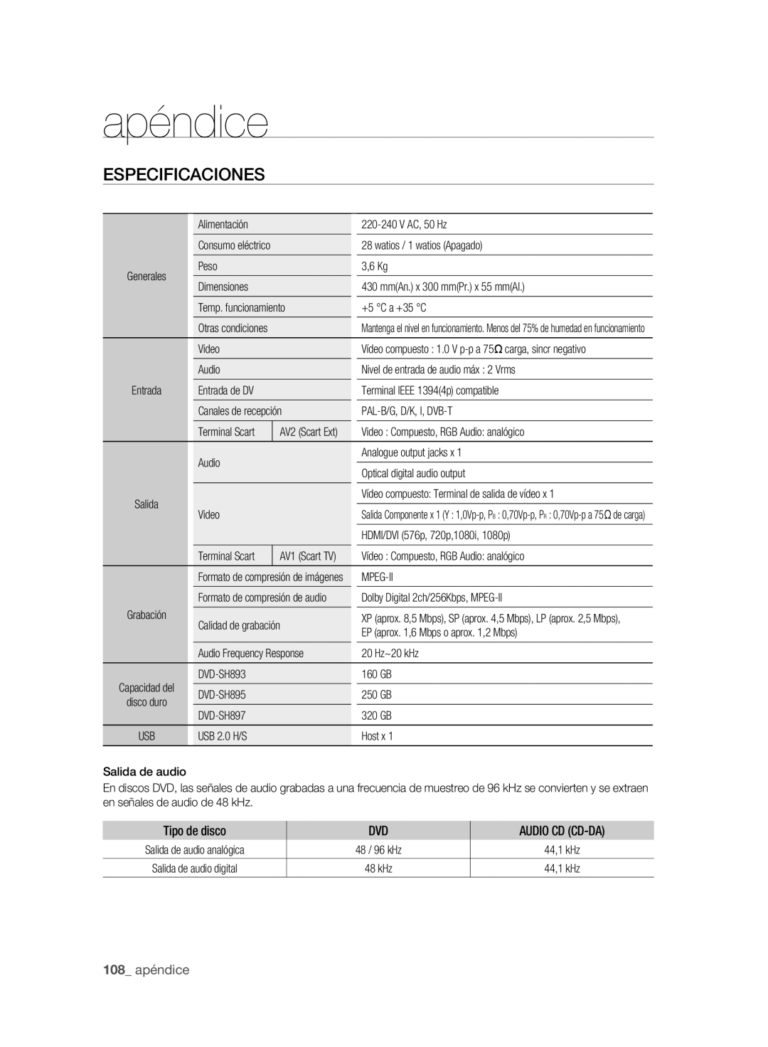 Samsung DVD-SH895/XEC, DVD-SH893/XEC manual Especificaciones 