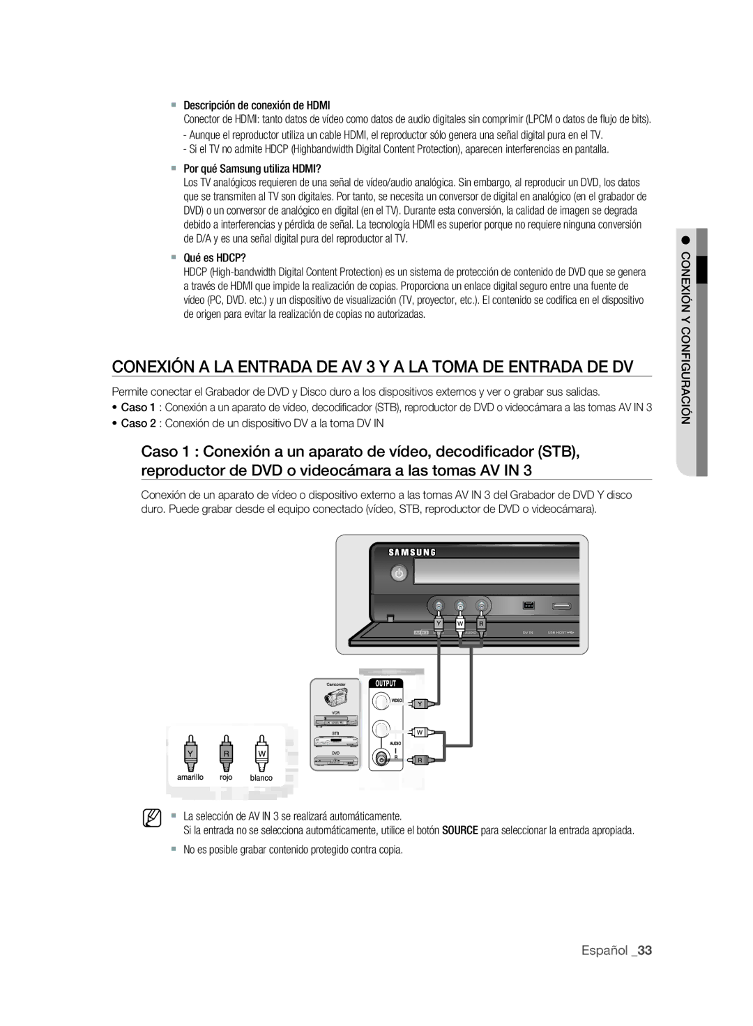 Samsung DVD-SH893/XEC, DVD-SH895/XEC manual Conexión a LA Entrada DE AV 3 Y a LA Toma DE Entrada DE DV 