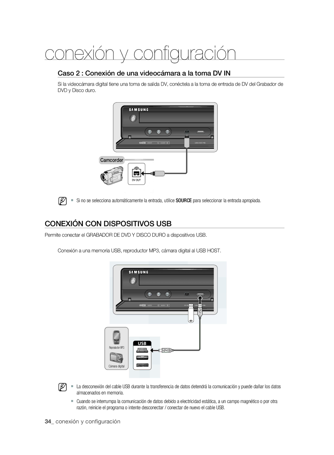 Samsung DVD-SH895/XEC, DVD-SH893/XEC manual Conexión CON Dispositivos USB, Caso 2 Conexión de una videocámara a la toma DV 