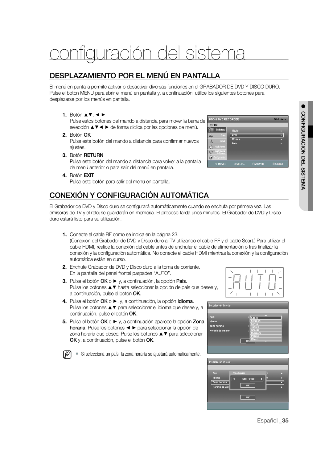 Samsung DVD-SH893/XEC manual Desplazamiento POR EL Menú EN Pantalla, Conexión Y Configuración Automática, Pulse los botones 