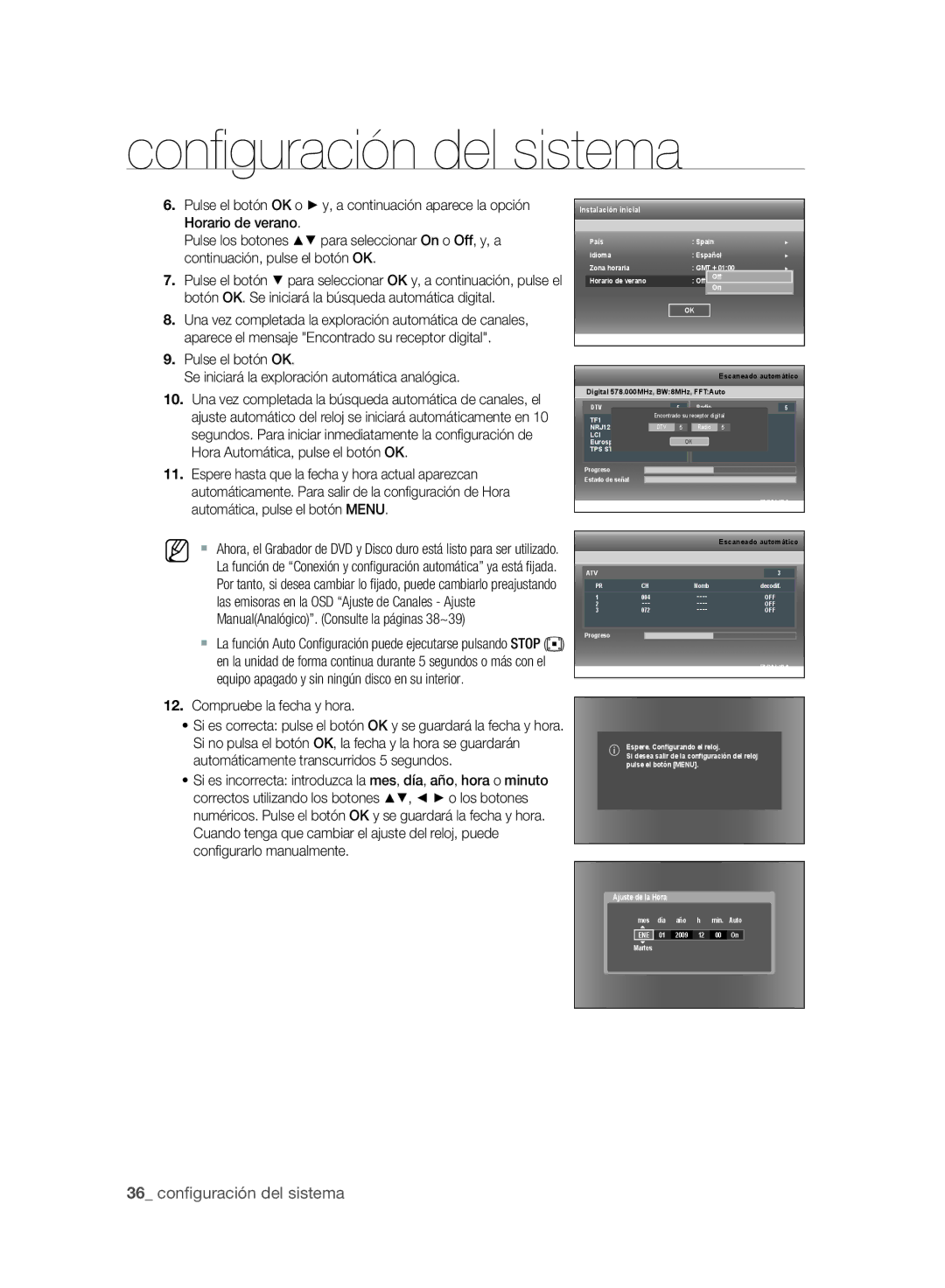 Samsung DVD-SH895/XEC, DVD-SH893/XEC Compruebe la fecha y hora, Conﬁ gurarlo manualmente 