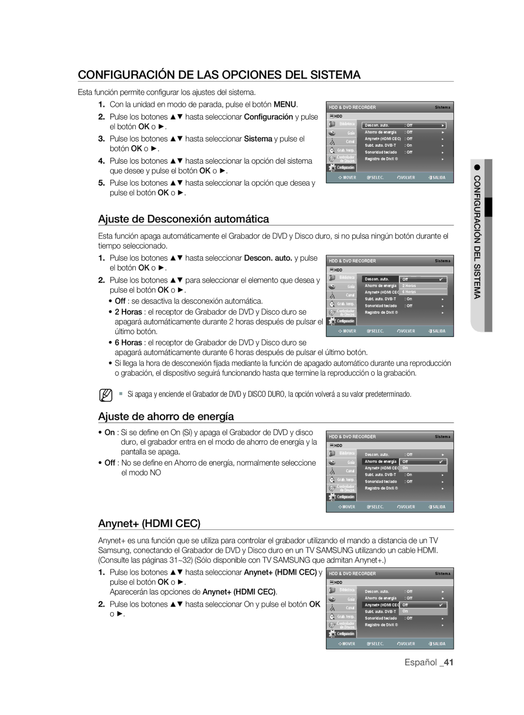 Samsung DVD-SH893/XEC manual Configuración DE LAS Opciones DEL Sistema, Ajuste de Desconexión automática, Anynet+ Hdmi CEC 