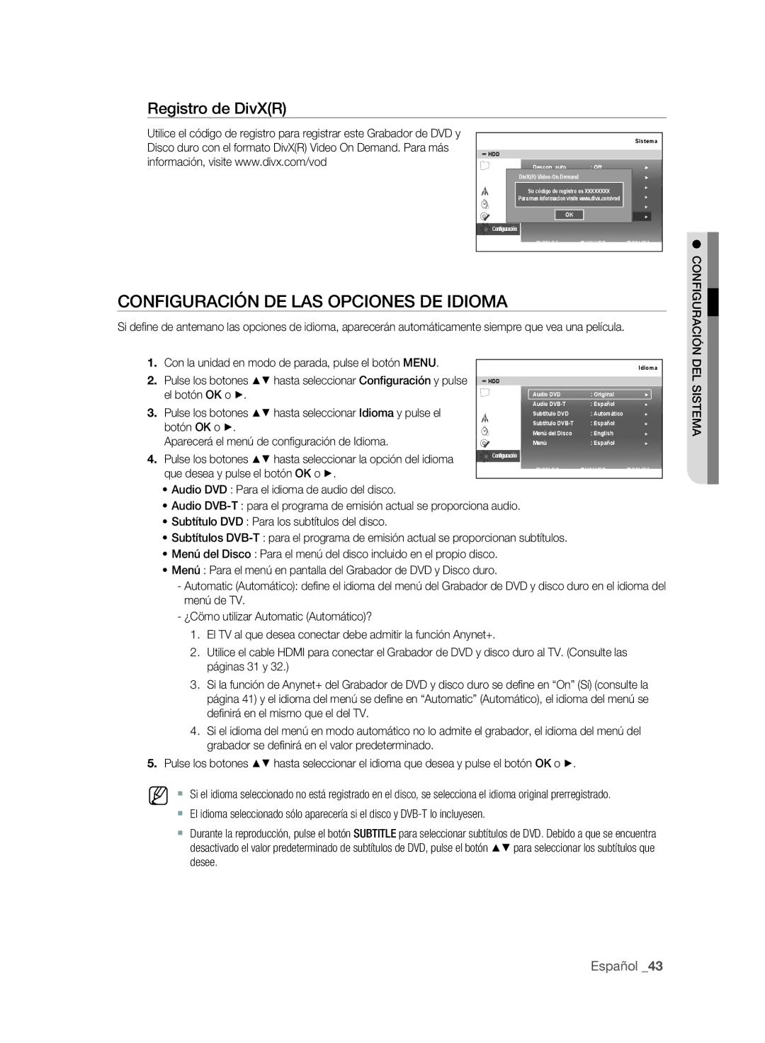 Samsung DVD-SH893/XEC, DVD-SH895/XEC manual Configuración DE LAS Opciones DE Idioma, Registro de DivXR 