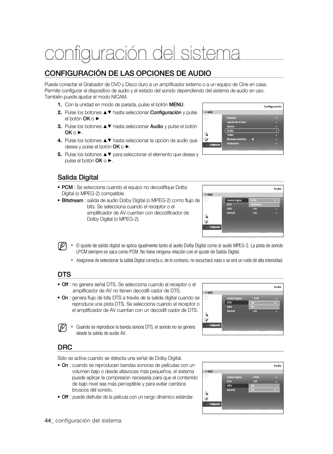 Samsung DVD-SH895/XEC, DVD-SH893/XEC manual Configuración DE LAS Opciones DE Audio, Salida Digital, OK o Pulse los botones 