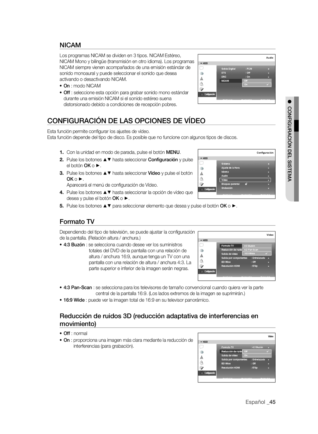 Samsung DVD-SH893/XEC, DVD-SH895/XEC manual Configuración DE LAS Opciones DE Vídeo, Formato TV, On modo Nicam 