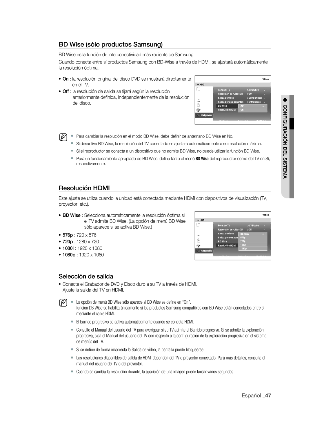 Samsung DVD-SH893/XEC, DVD-SH895/XEC manual BD Wise sólo productos Samsung, Resolución Hdmi, Selección de salida 