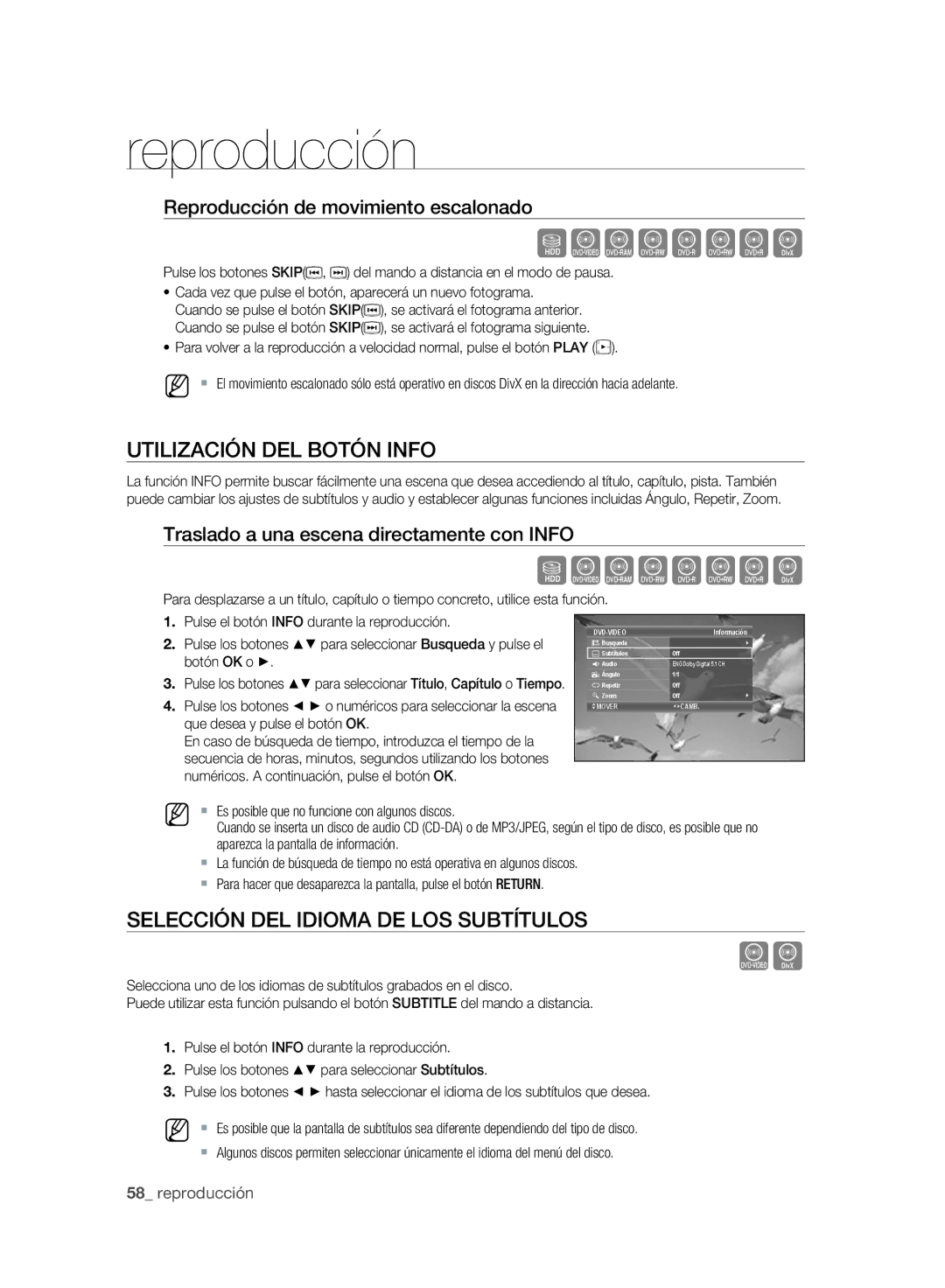 Samsung DVD-SH895/XEC, DVD-SH893/XEC manual Utilización DEL Botón Info, Selección DEL Idioma DE LOS Subtítulos 