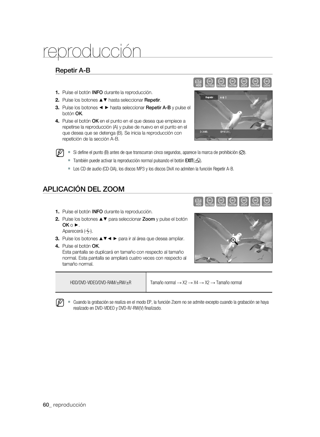 Samsung DVD-SH895/XEC manual Szxcvkl, Aplicación DEL Zoom, Repetir A-B, Tamaño normal → X2 → X4 → X2 → Tamaño normal 