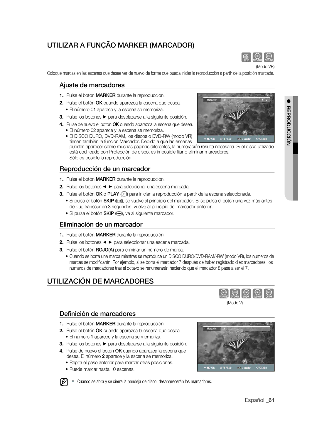 Samsung DVD-SH893/XEC, DVD-SH895/XEC manual Sxc, Zcvkl, Utilizar a Função Marker Marcador, Utilización DE Marcadores 