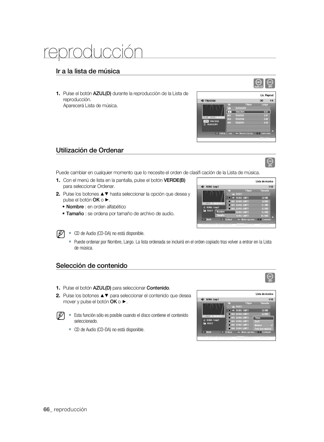 Samsung DVD-SH895/XEC, DVD-SH893/XEC manual Ir a la lista de música, Utilización de Ordenar, Selección de contenido 