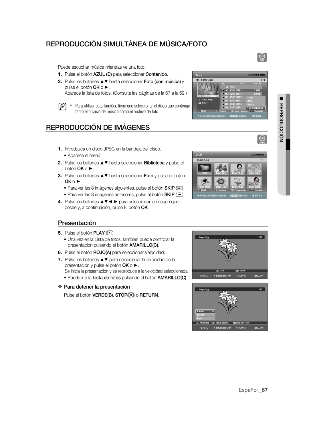 Samsung DVD-SH893/XEC, DVD-SH895/XEC manual Reproducción Simultánea DE MÚSICA/FOTO, Reproducción DE Imágenes, Presentación 