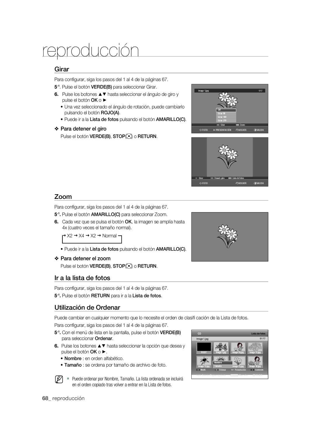 Samsung DVD-SH895/XEC Girar, Zoom, Ir a la lista de fotos, Hasta seleccionar el ángulo de giro y, Pulse el botón OK o 