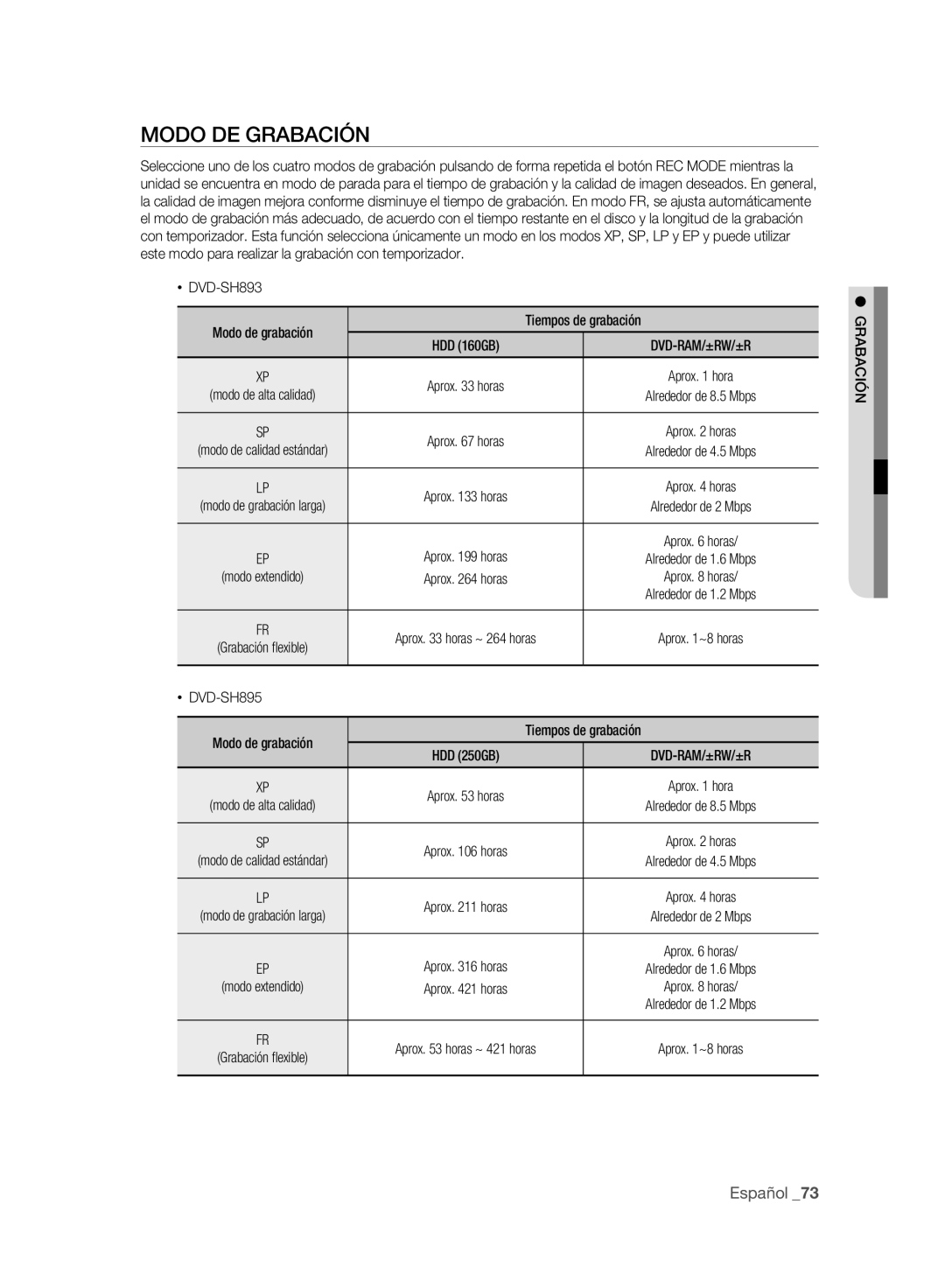 Samsung DVD-SH893/XEC, DVD-SH895/XEC manual Modo DE Grabación, Modo de grabación 