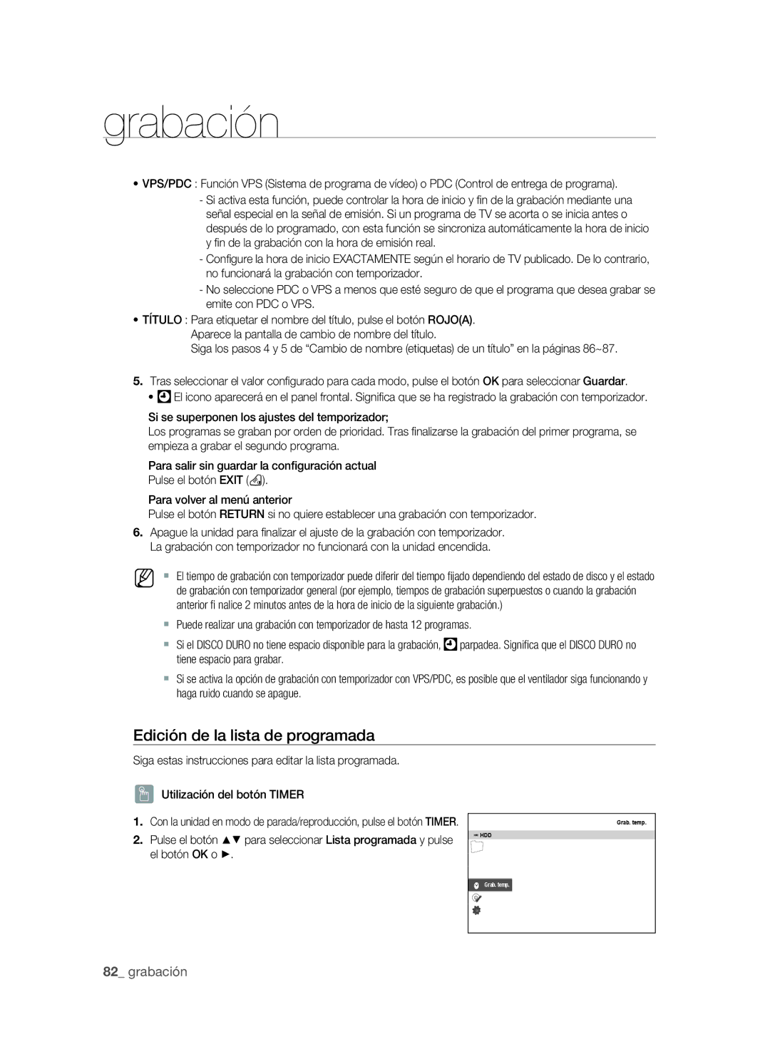 Samsung DVD-SH895/XEC, DVD-SH893/XEC manual Edición de la lista de programada 