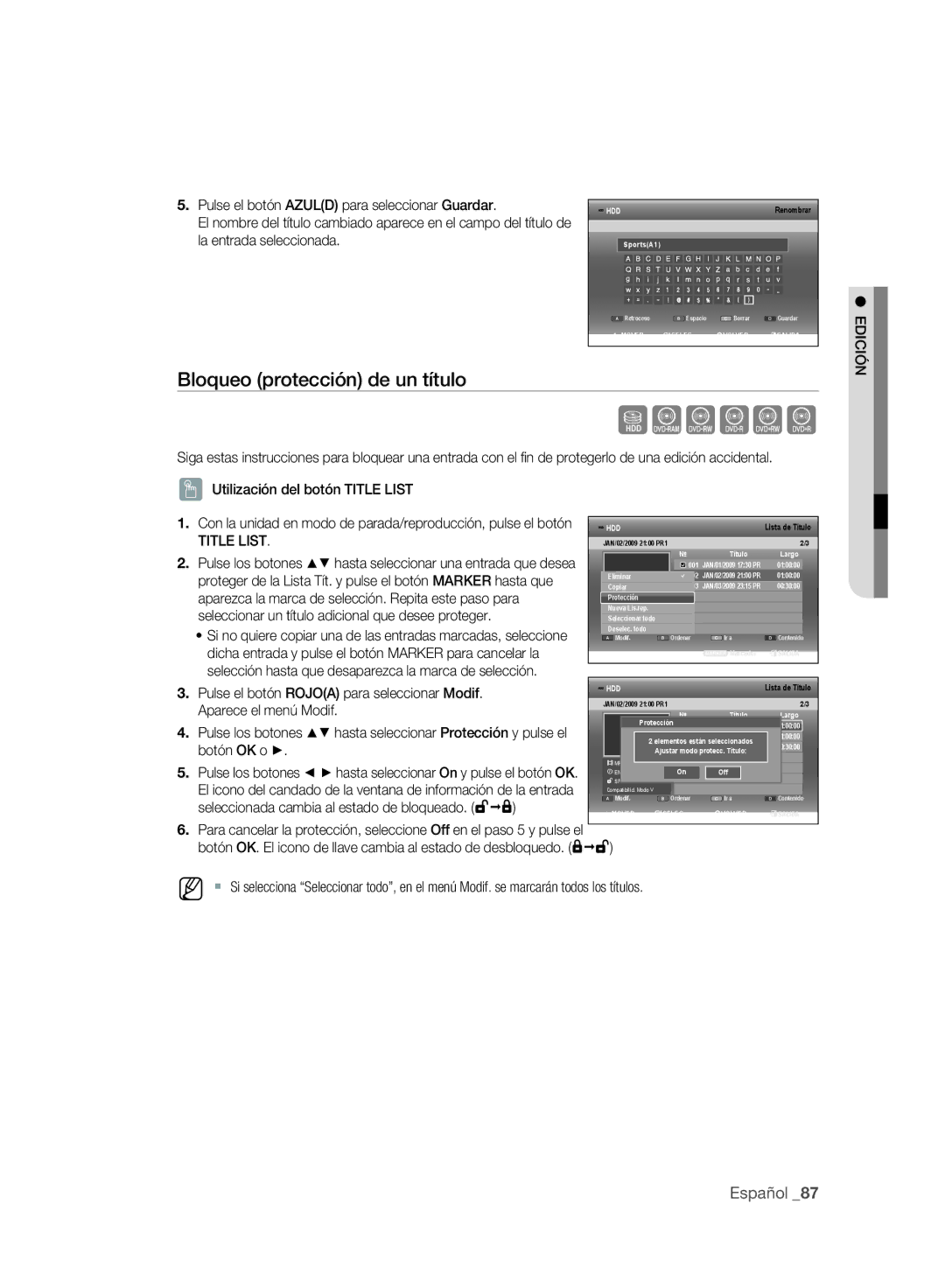 Samsung DVD-SH893/XEC, DVD-SH895/XEC manual Bloqueo protección de un título, Pulse el botón Azuld para seleccionar Guardar 