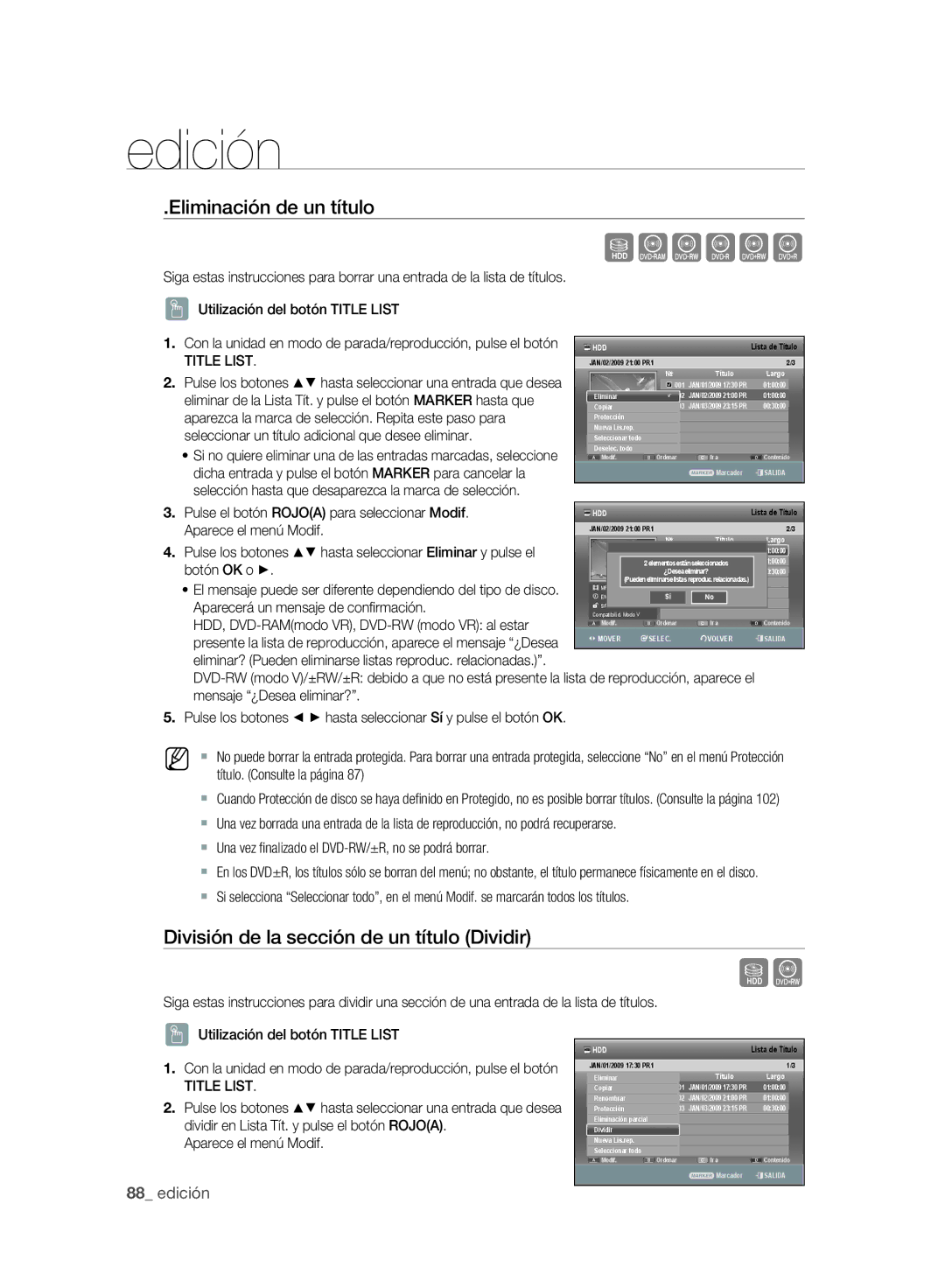 Samsung DVD-SH895/XEC manual Eliminación de un título, División de la sección de un título Dividir, Aparece el menú Modif 