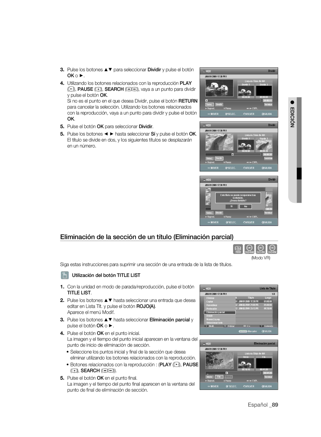 Samsung DVD-SH893/XEC, DVD-SH895/XEC manual Sxck, Eliminación de la sección de un título Eliminación parcial 