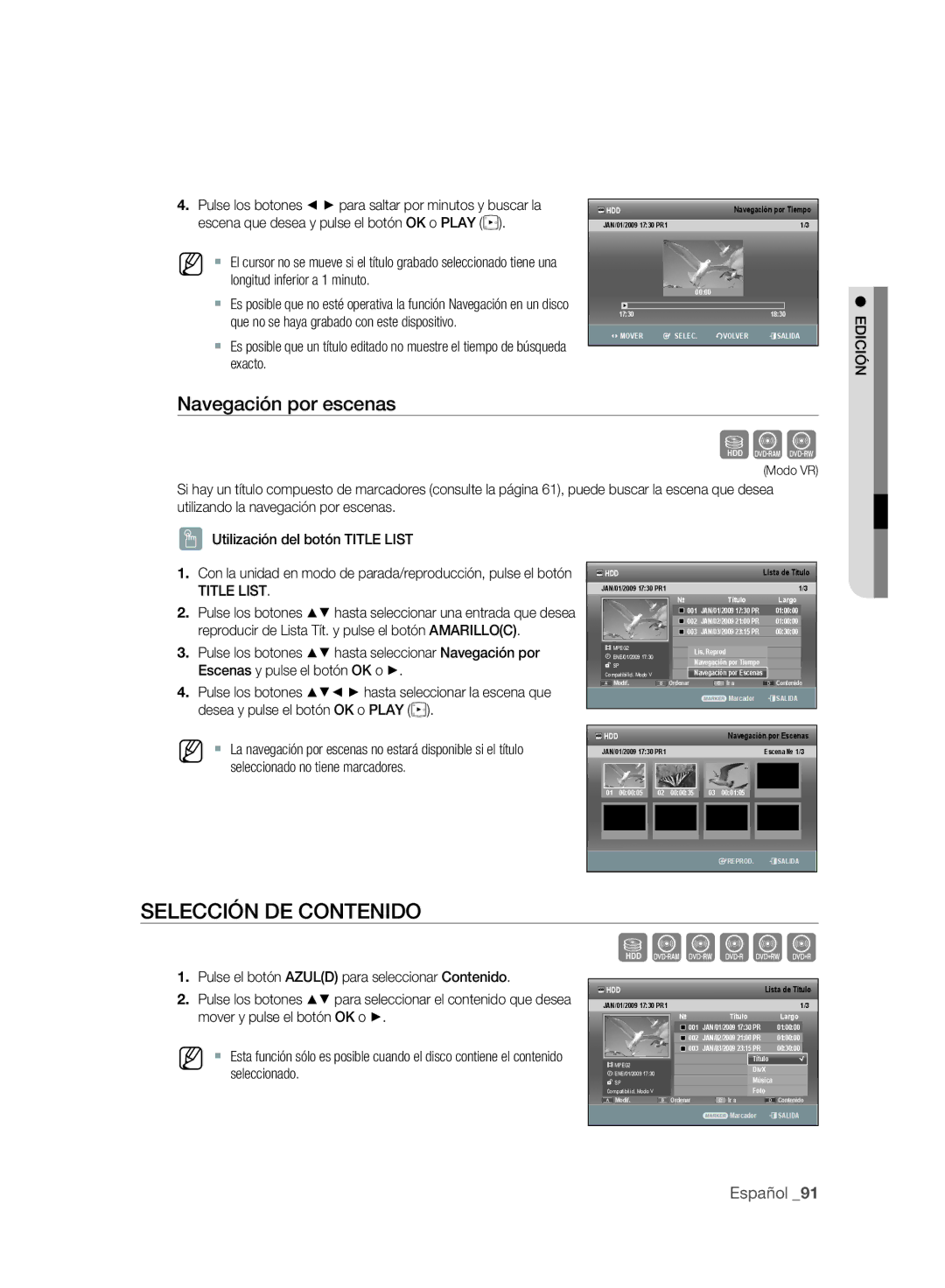 Samsung DVD-SH893/XEC, DVD-SH895/XEC manual Selección DE Contenido, Navegación por escenas, Desea y pulse el botón OK o Play 