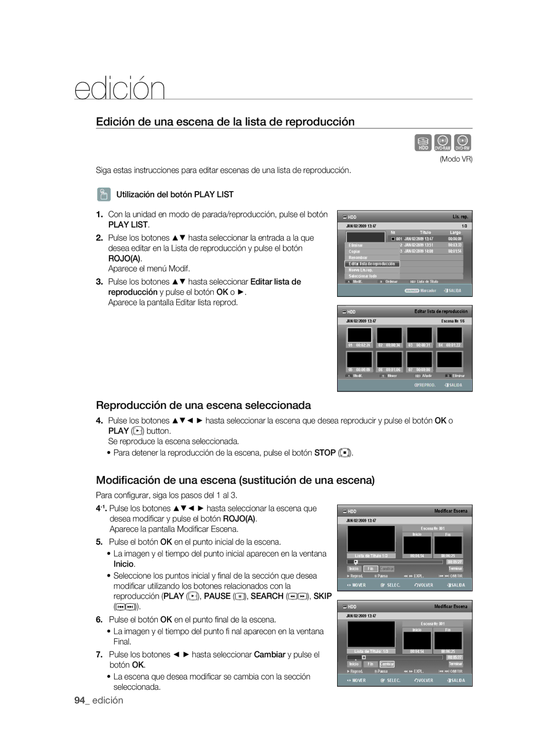 Samsung DVD-SH895/XEC, DVD-SH893/XEC manual Edición de una escena de la lista de reproducción 