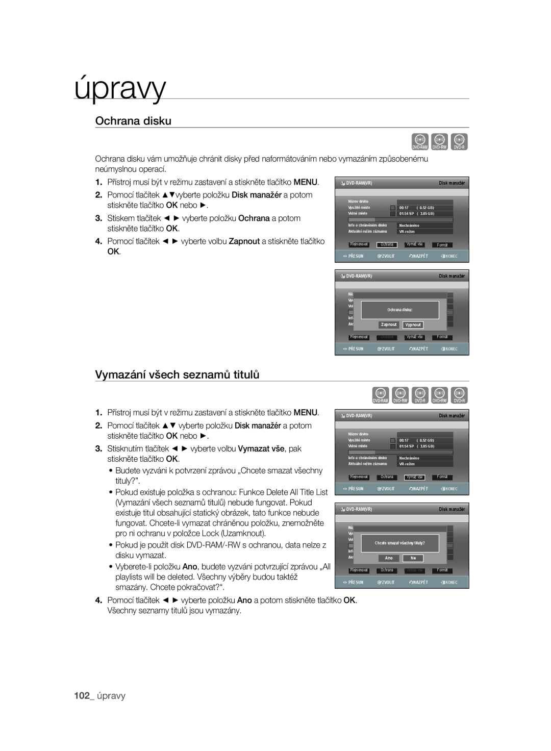 Samsung DVD-SH895/EDC, DVD-SH895/XEF, DVD-SH893/EDC, DVD-SH897/EDC manual Xcv, Ochrana disku, Vymazání všech seznamů titulů 