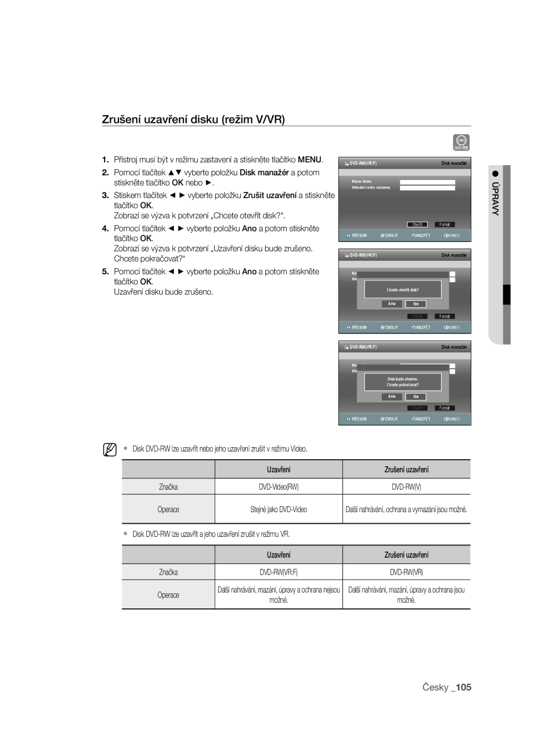 Samsung DVD-SH893/EDC, DVD-SH895/XEF, DVD-SH895/EDC, DVD-SH897/EDC manual Zrušení uzavření disku režim V/VR, Dvd-Rwvrf 