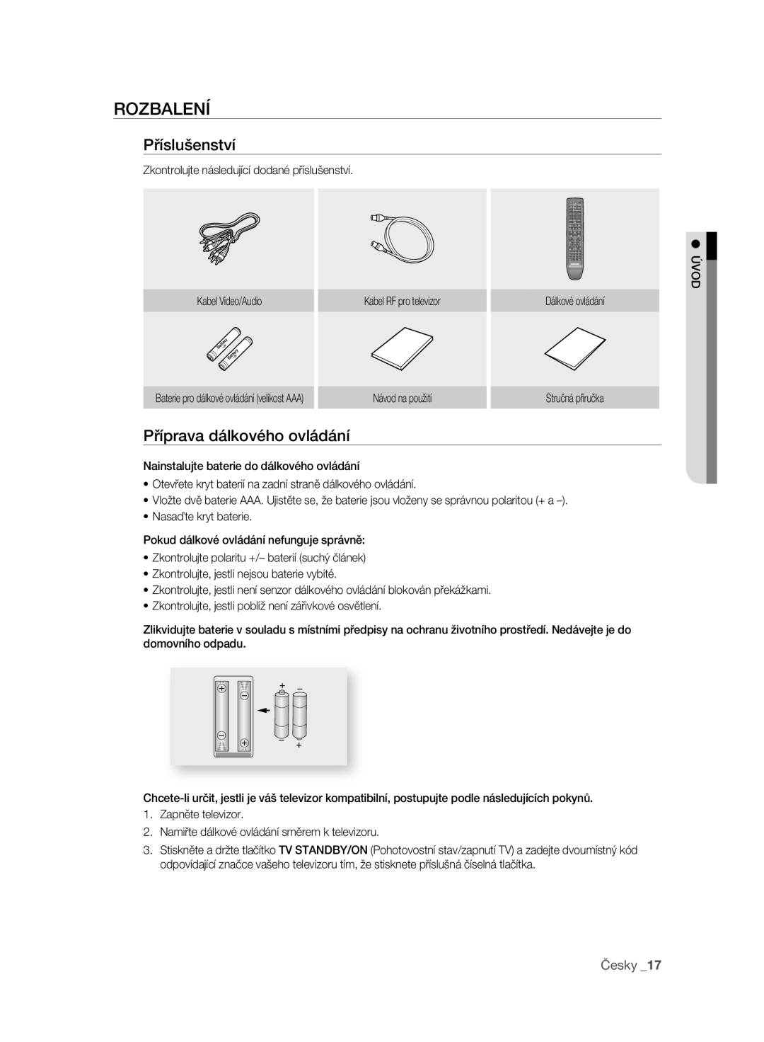 Samsung DVD-SH893/EDC, DVD-SH895/XEF, DVD-SH895/EDC Rozbalení, Příslušenství, Příprava dálkového ovládání, Návod na použití 