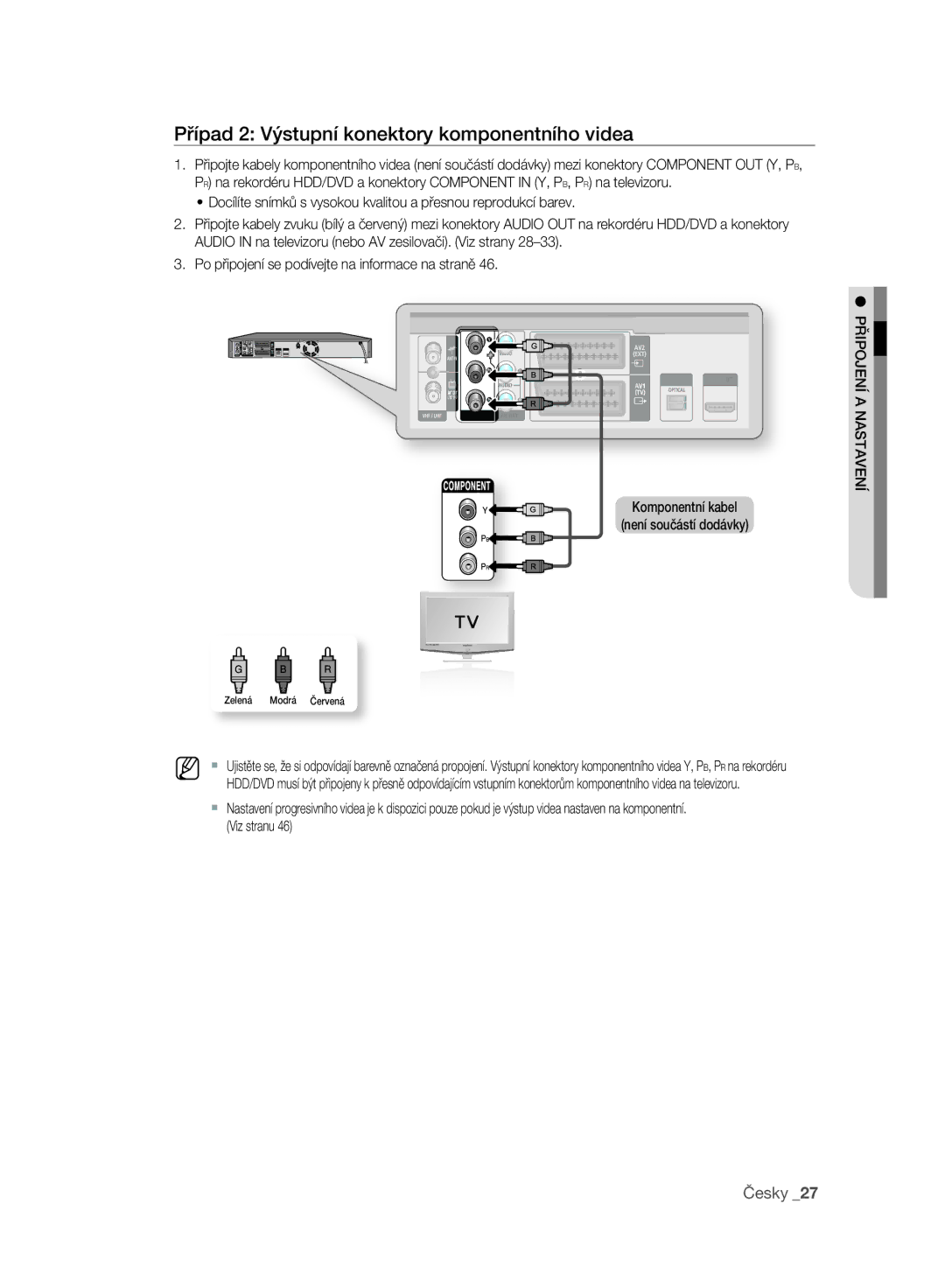 Samsung DVD-SH897/EDC manual Případ 2 Výstupní konektory komponentního videa, Komponentní kabel Není součástí dodávky 