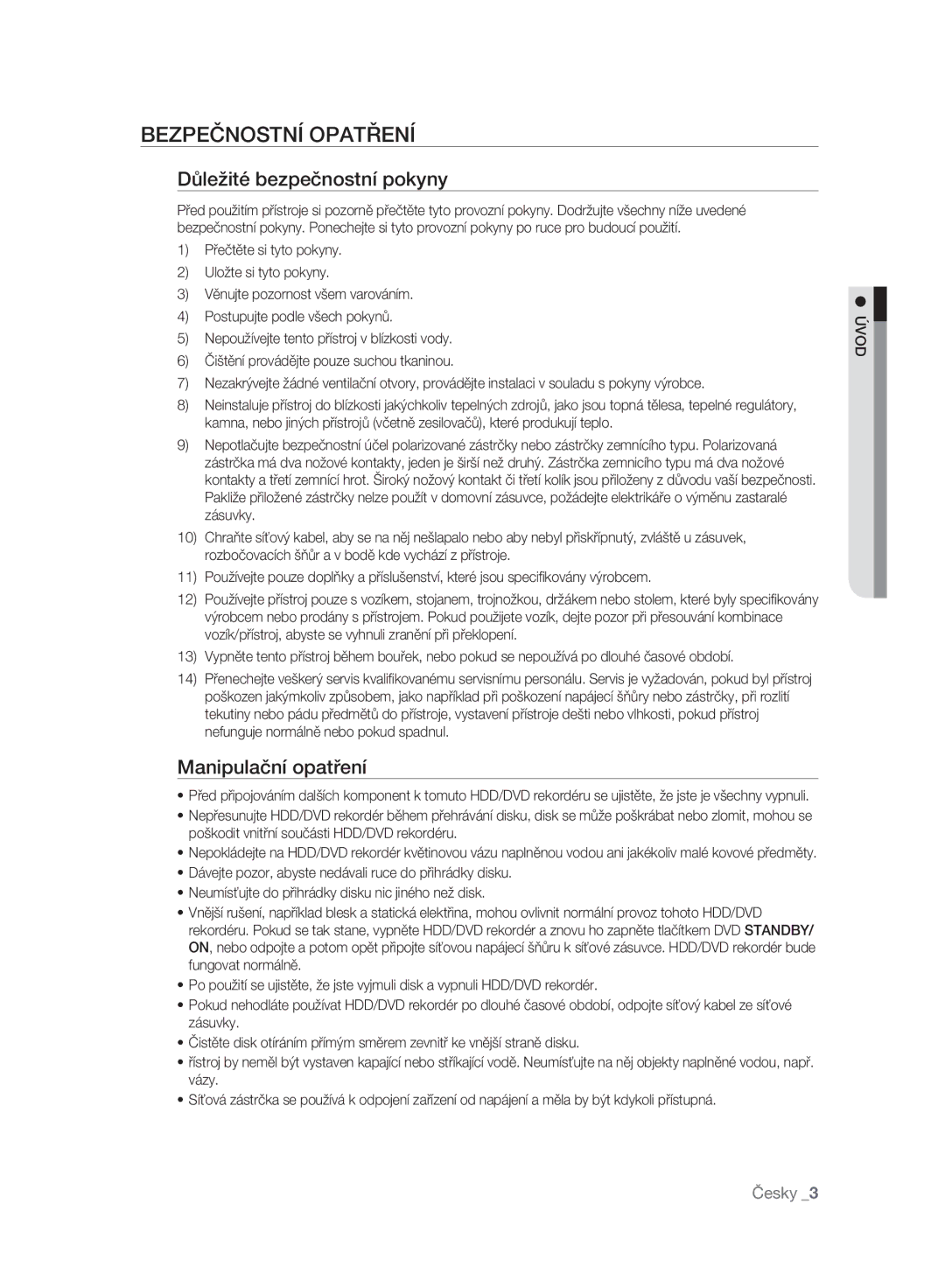 Samsung DVD-SH897/EDC, DVD-SH895/XEF manual Bezpečnostní Opatření, Důležité bezpečnostní pokyny, Manipulační opatření, Úvod 