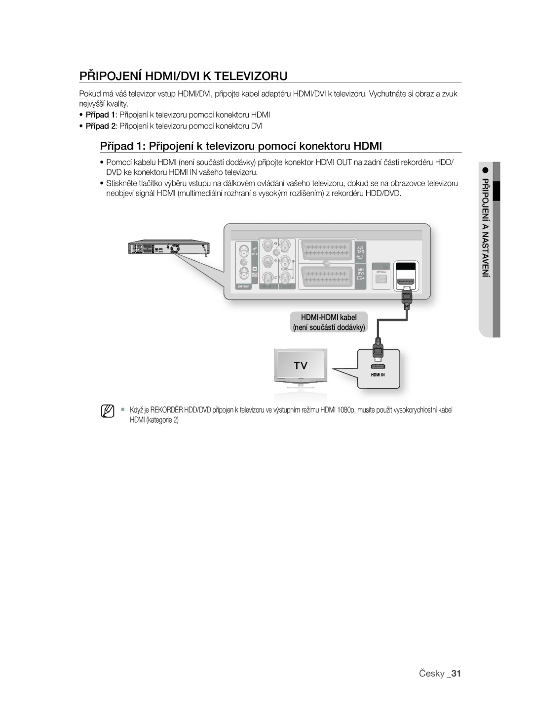 Samsung DVD-SH897/EDC manual Připojení HDMI/DVI K Televizoru, Případ 1 Připojení k televizoru pomocí konektoru Hdmi 