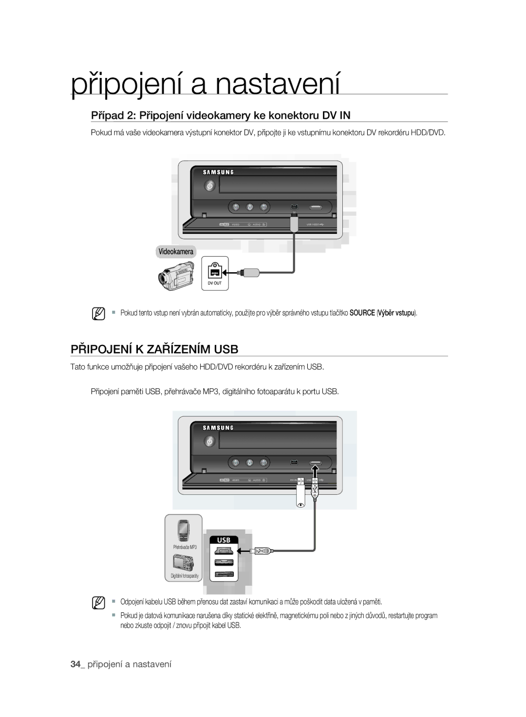 Samsung DVD-SH895/EDC manual Připojení K Zařízením USB, Případ 2 Připojení videokamery ke konektoru DV, Videokamera 