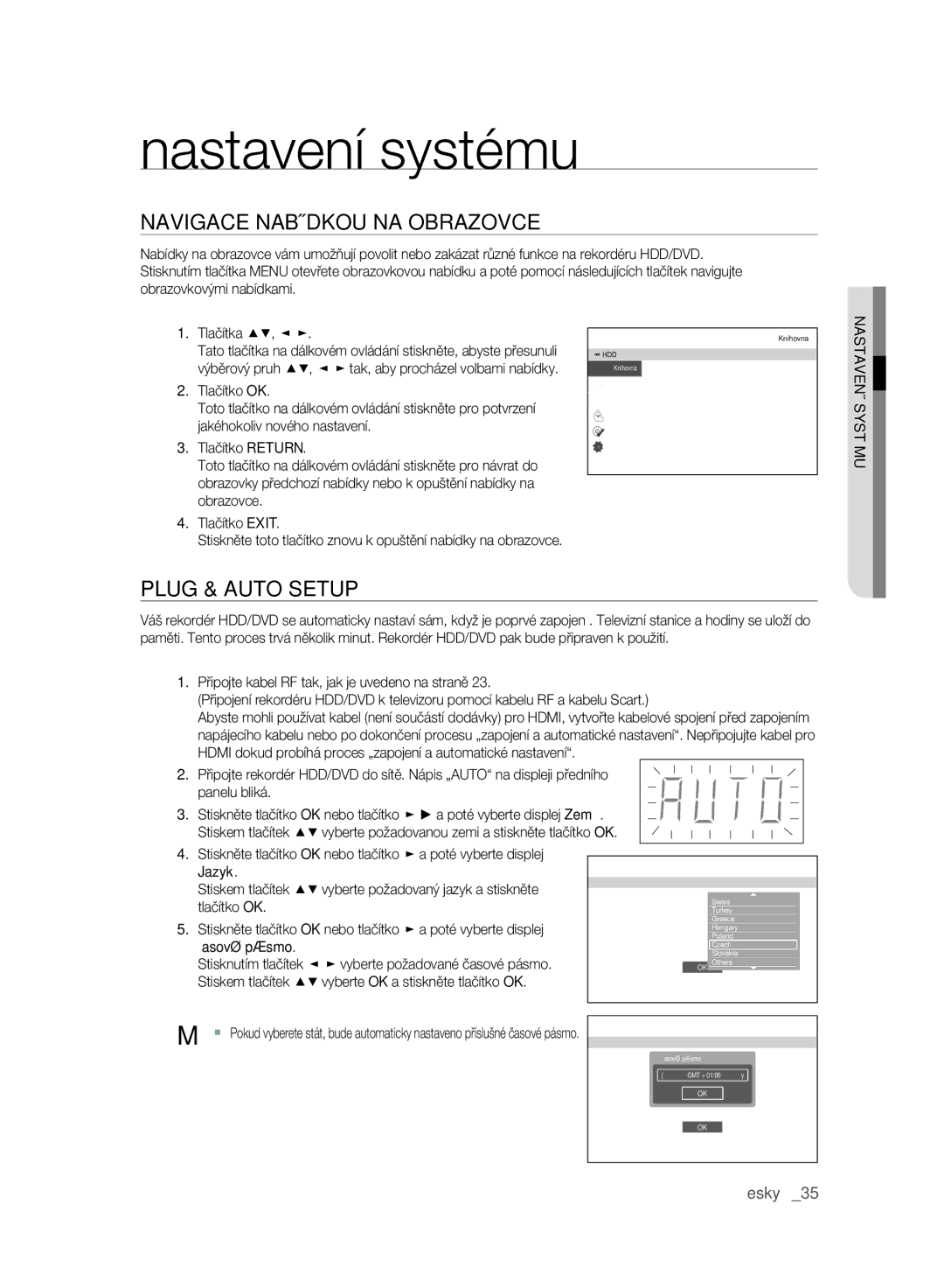 Samsung DVD-SH897/EDC, DVD-SH895/XEF Navigace Nabídkou NA Obrazovce, Plug & Auto Setup, Nastavení Systému, Časové pásmo 