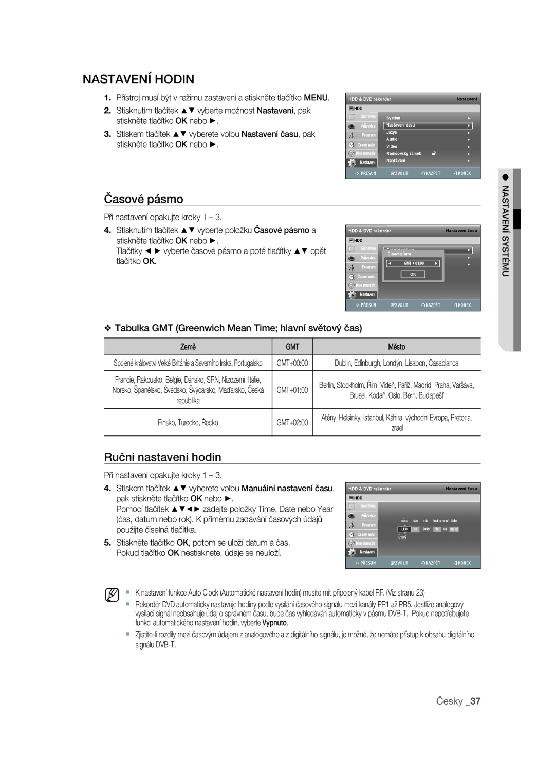 Samsung DVD-SH893/EDC, DVD-SH895/XEF, DVD-SH895/EDC, DVD-SH897/EDC Nastavení Hodin, Časové pásmo, Ruční nastavení hodin, Gmt 