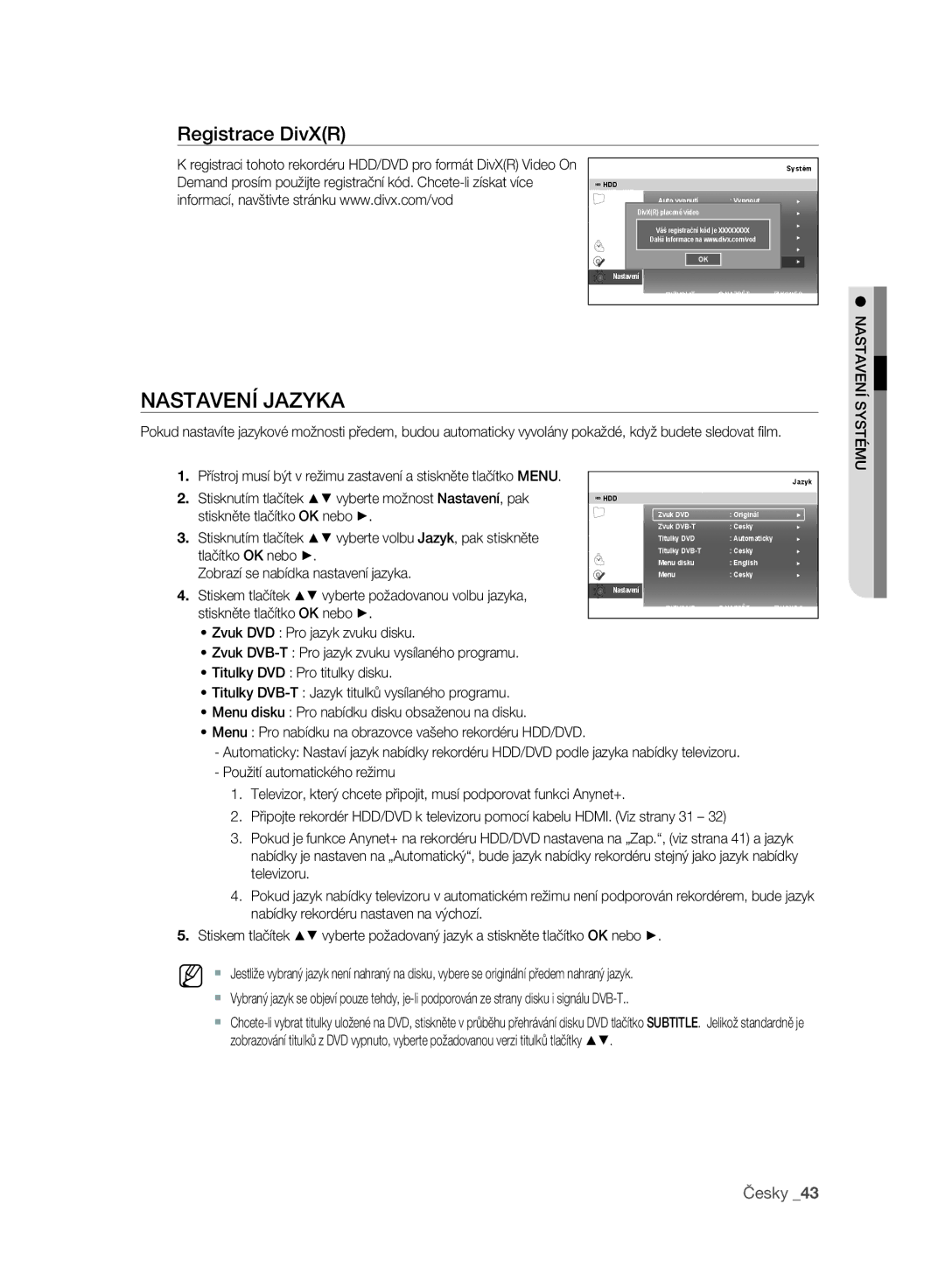 Samsung DVD-SH897/EDC Nastavení Jazyka, Registrace DivXR, Zobrazí se nabídka nastavení jazyka, Stiskněte tlačítko OK nebo 