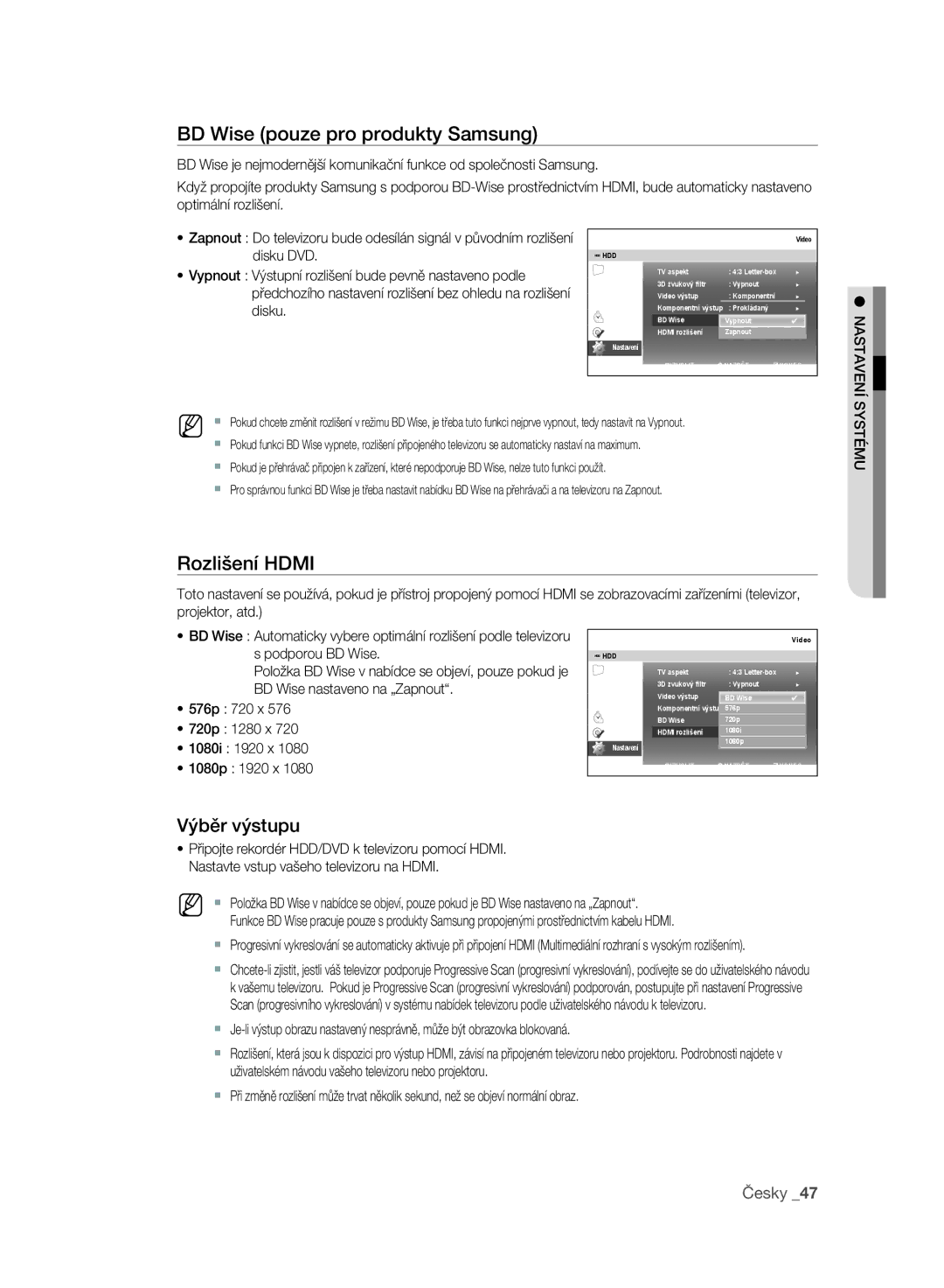 Samsung DVD-SH897/EDC, DVD-SH895/XEF manual BD Wise pouze pro produkty Samsung, Rozlišení Hdmi, Výběr výstupu, Systému 