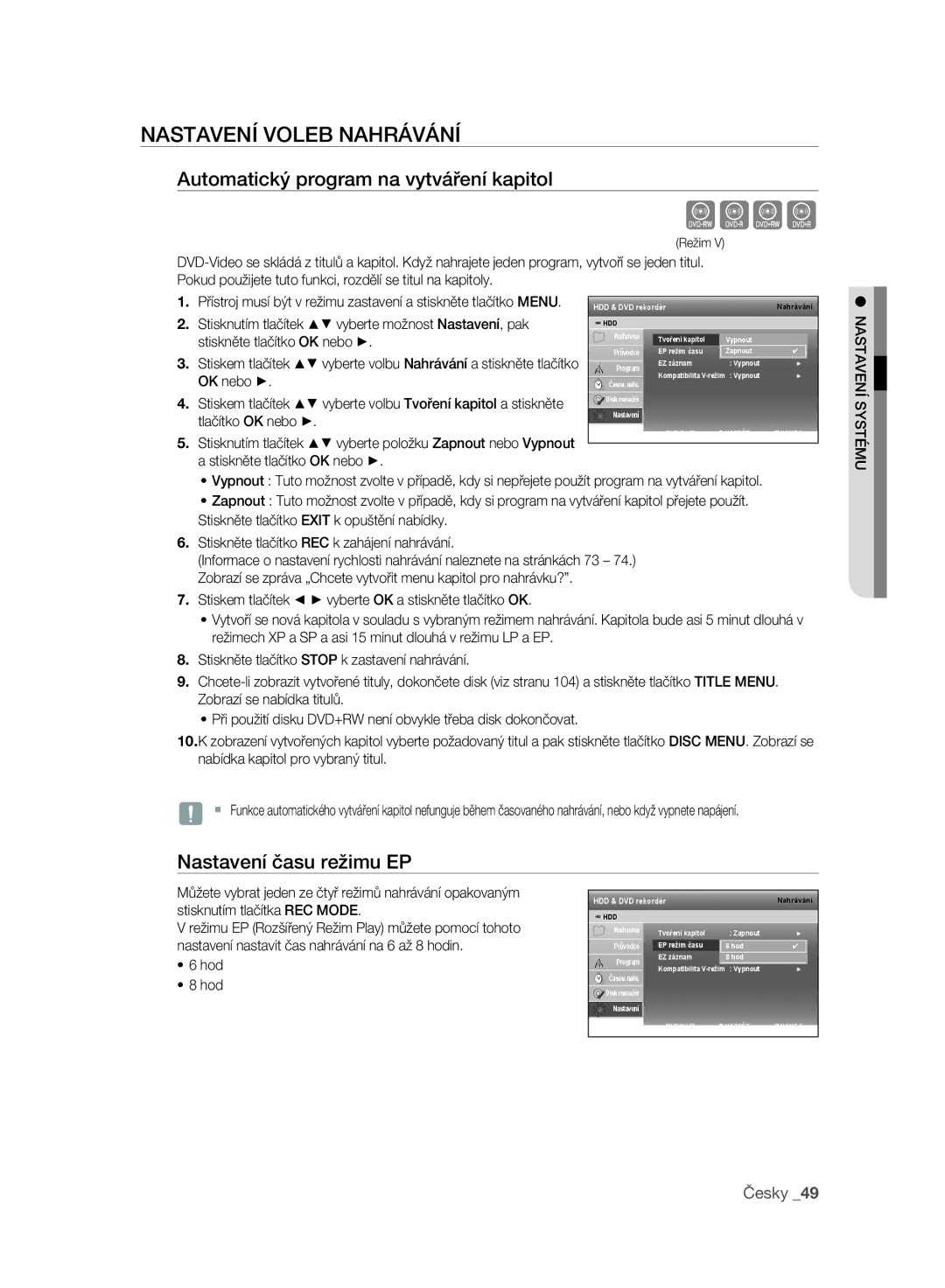 Samsung DVD-SH893/EDC manual Nastavení Voleb Nahrávání, Automatický program na vytváření kapitol, Nastavení času režimu EP 