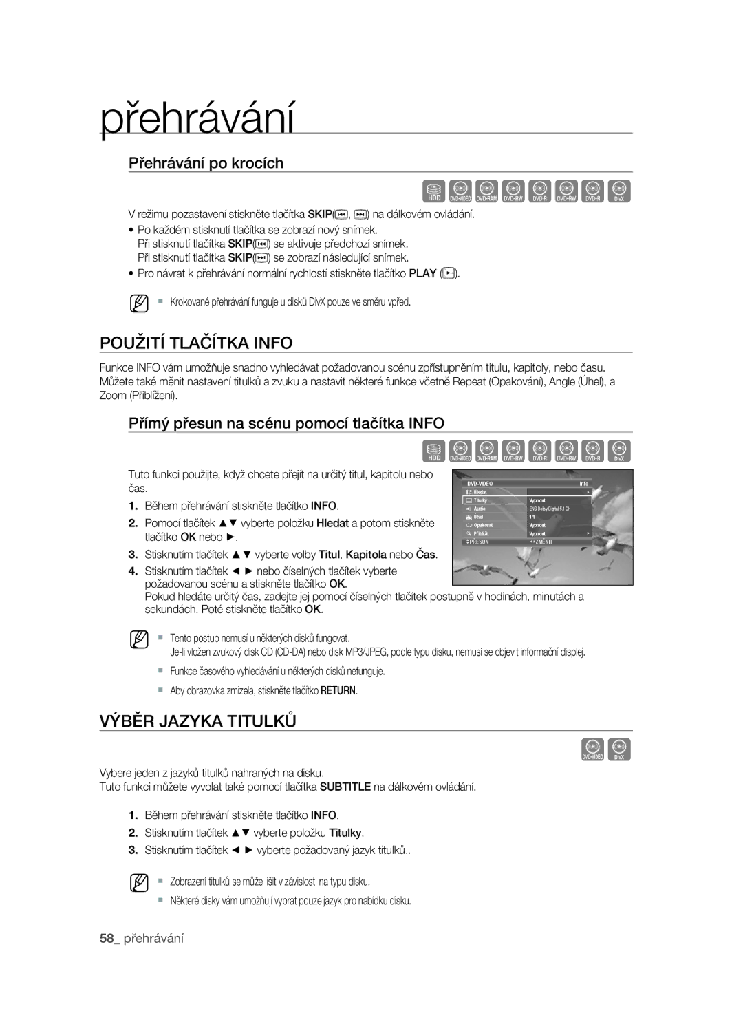 Samsung DVD-SH895/EDC, DVD-SH895/XEF, DVD-SH893/EDC manual Použití Tlačítka Info, Výběr Jazyka Titulků, Přehrávání po krocích 