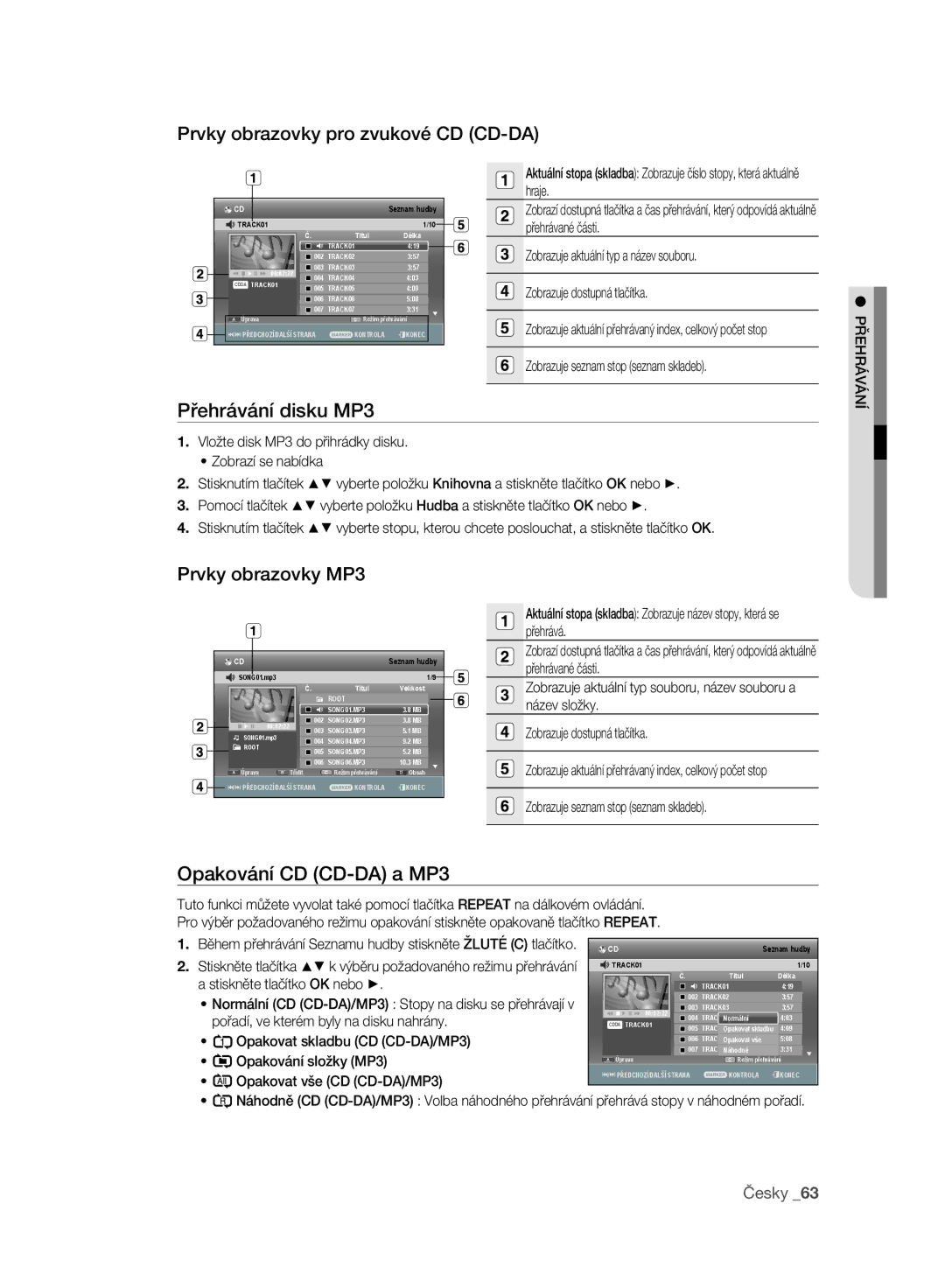 Samsung DVD-SH897/EDC, DVD-SH895/XEF manual Prvky obrazovky pro zvukové CD CD-DA, Přehrávání disku MP3, Prvky obrazovky MP3 