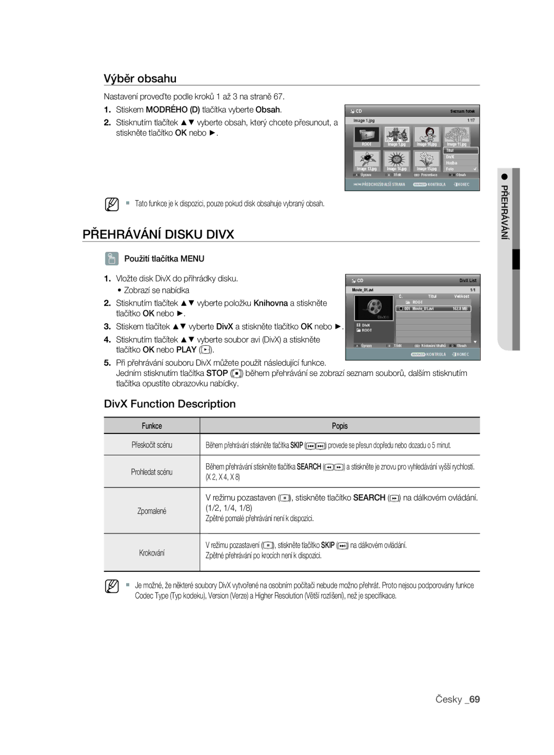 Samsung DVD-SH893/EDC, DVD-SH895/XEF, DVD-SH895/EDC, DVD-SH897/EDC manual DivX Function Description, Stisknutím tlačítek 