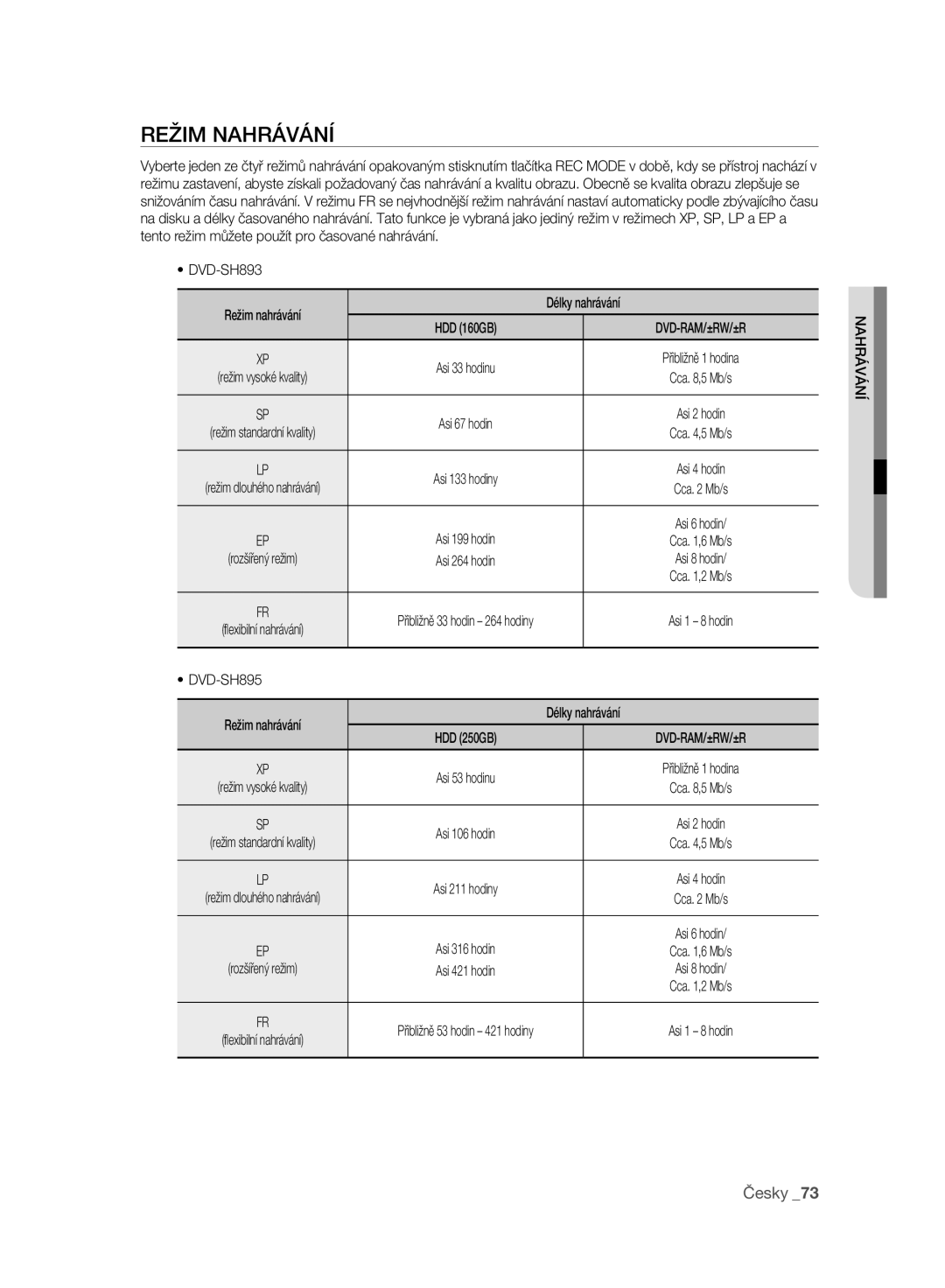 Samsung DVD-SH893/EDC, DVD-SH895/XEF manual Režim Nahrávání, DVD-SH893 Režim nahrávání Délky nahrávání, Cca Mb/s, Asi Hodin 