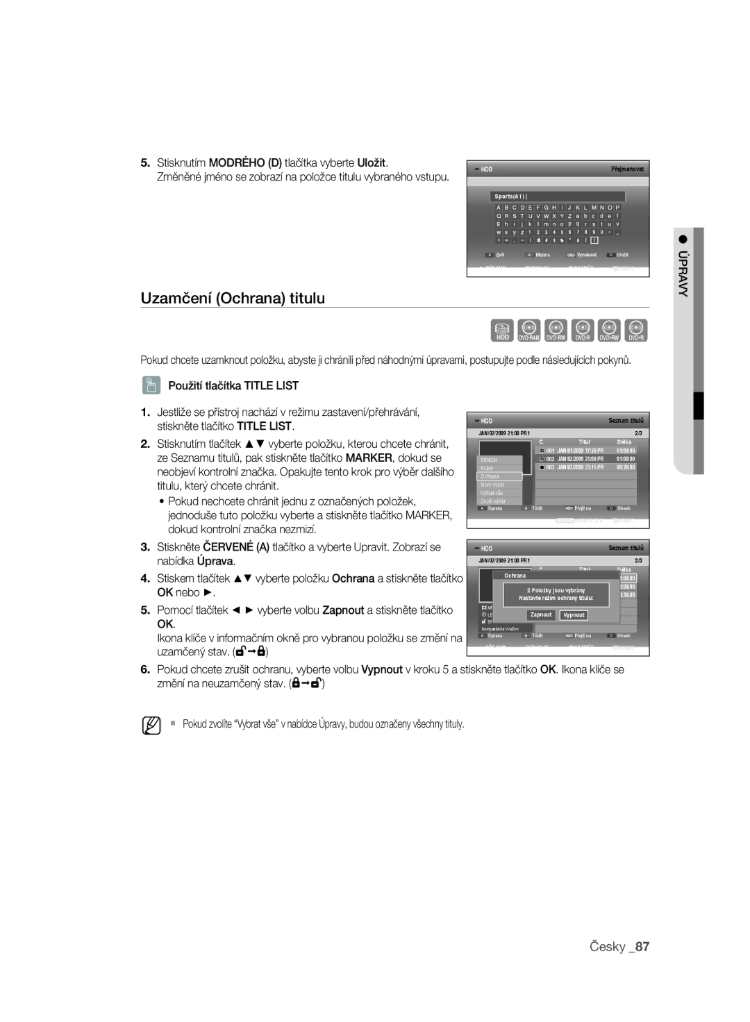 Samsung DVD-SH897/EDC manual Uzamčení Ochrana titulu, Stiskněte tlačítko Title List, Titulu, který chcete chránit, Úpravy 