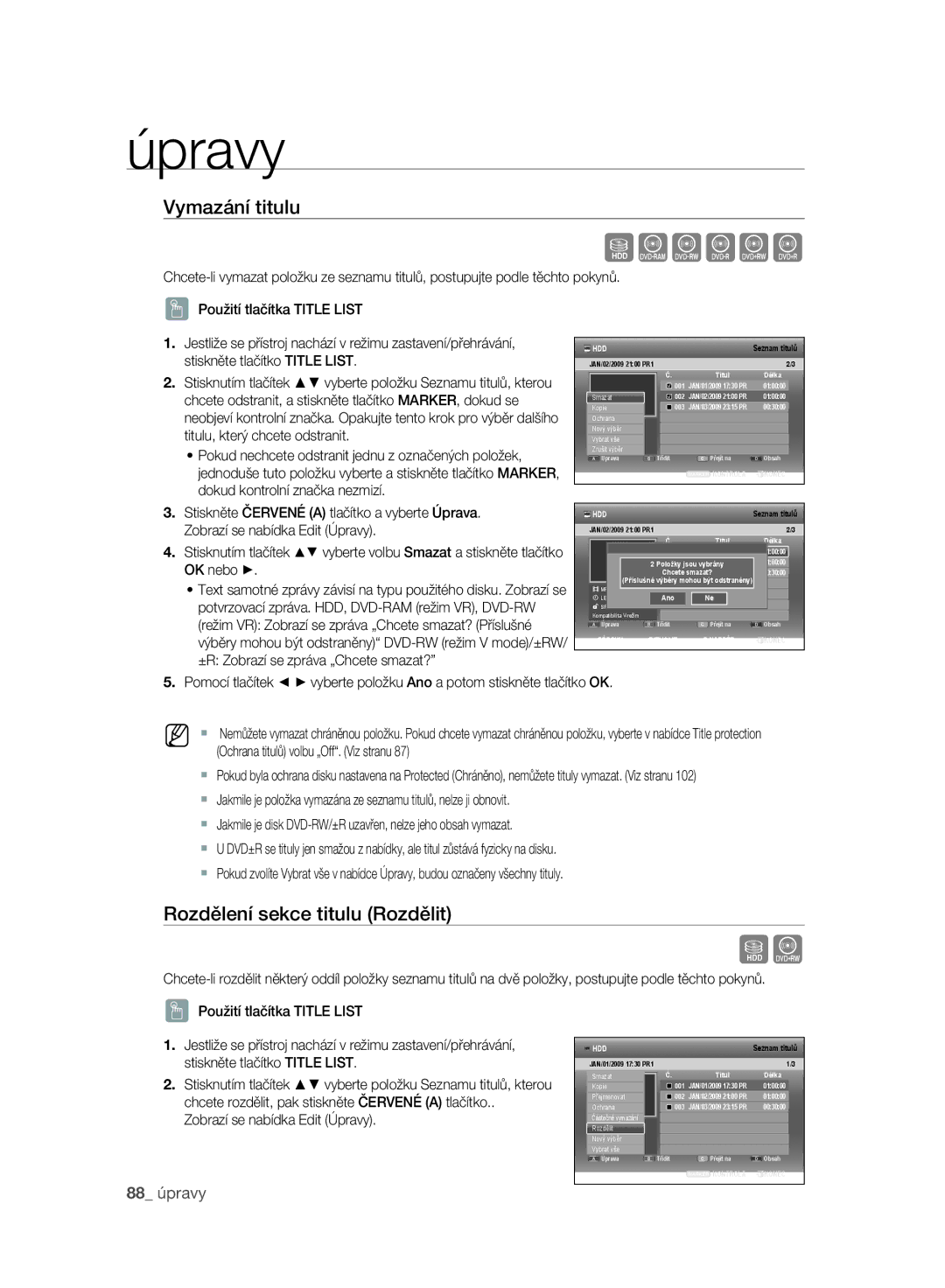 Samsung DVD-SH895/XEF, DVD-SH893/EDC, DVD-SH895/EDC, DVD-SH897/EDC manual Vymazání titulu, Rozdělení sekce titulu Rozdělit 