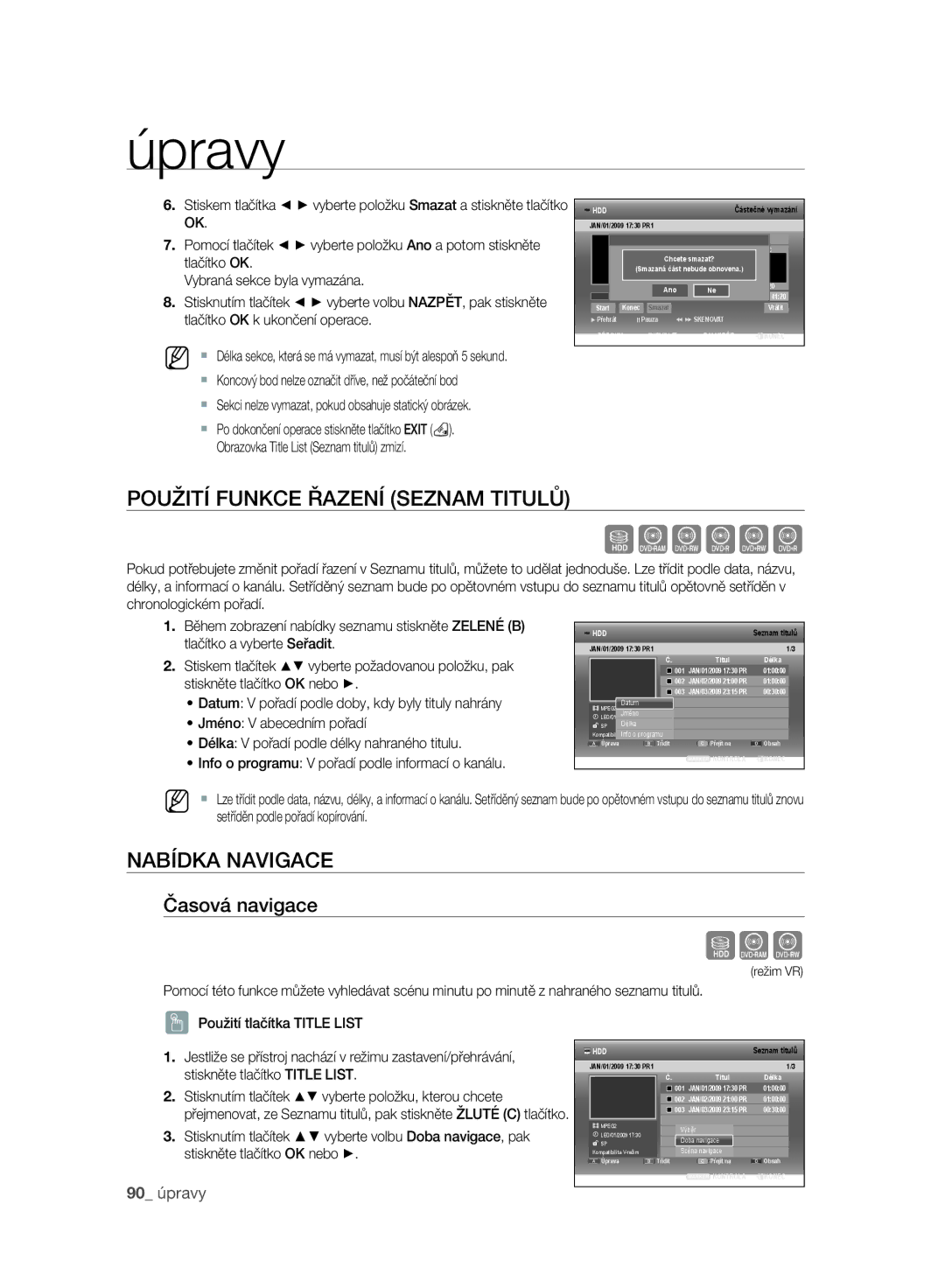 Samsung DVD-SH895/EDC, DVD-SH895/XEF, DVD-SH893/EDC Použití Funkce Řazení Seznam Titulů, Nabídka Navigace, Časová navigace 