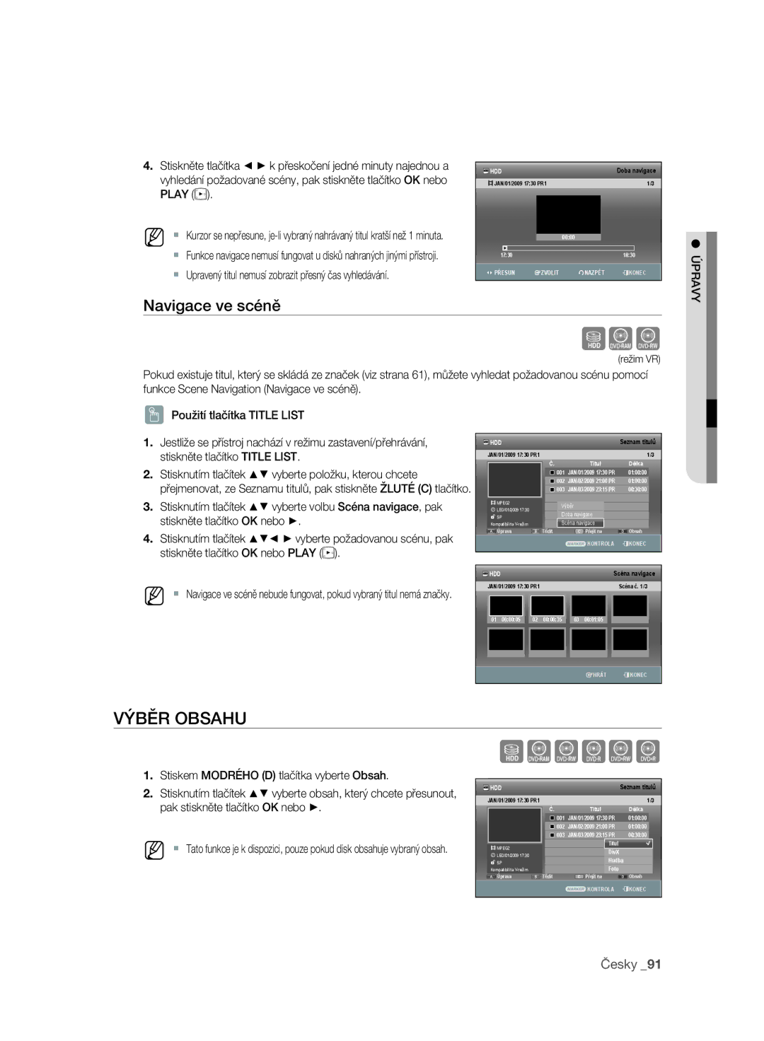 Samsung DVD-SH897/EDC, DVD-SH895/XEF Výběr Obsahu, Navigace ve scéně, Stisknutím tlačítek Vyberte položku, kterou chcete 