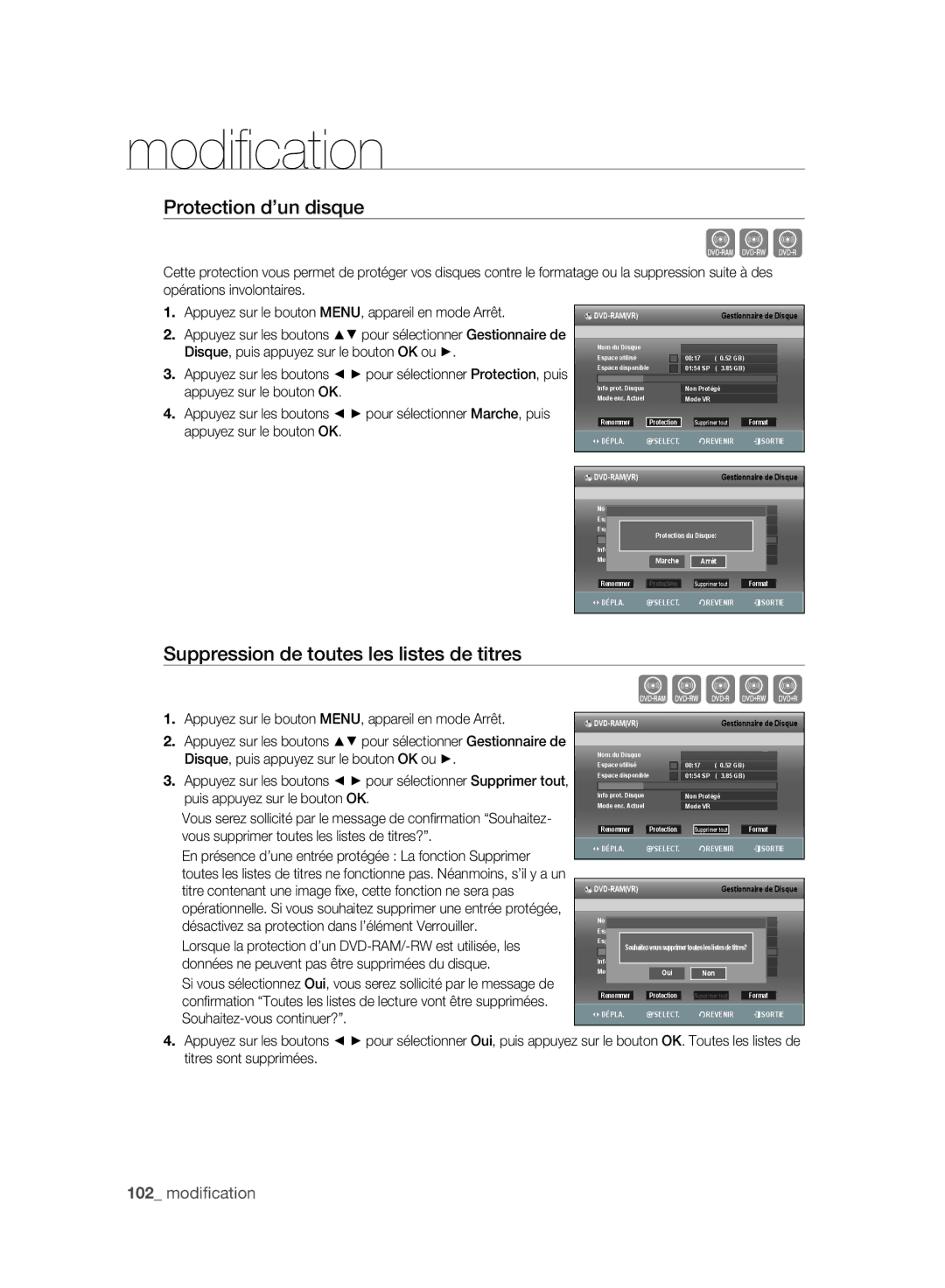 Samsung DVD-SH895/XEF, DVD-SH897/XEF Xcv, Protection d’un disque, Suppression de toutes les listes de titres, Dvd-Ramvr 